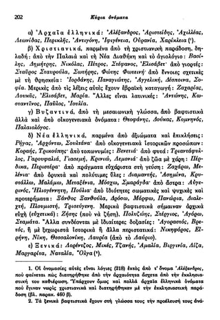 202 Κύρια όνόματα
α) Ά ρ χ α ί α ε λ λ η ν ι κ ά : 'Αλέξανδρος, 9
Αριστείδης, 9
Αχιλλέας,
Λεωνίδας, Περικλής, 9
Αντιγόνη, 9
Ιφιγένεια, Ουρανία, Χαρίκλεια (*).
β) Χ ρ ι σ τ ι α ν ι κ ά , παρμένα άπό τή χριστιανική παράδοση, δη-
λαδή : άπό τήν Παλαιά και τή Νέα Διαθήκη κα! τό αγιολόγιο : Βασί-
λης, Δημήτρης, Νικόλας, Πέτρος, Στέφανος, 9
Ελισάβετ' άπό γιορτές:
Σταύρος Σταυρούλα, Σωτήρης, Φώτης Φωτεινή· άπό έννοιες σχετικές
μέ τή θρησκεία: 9
Ιορδάνης, Παναγιώτης, 9
Αγγελική, Δέσποινα, Σο-
φία. Μερικές άπό τις λέξεις αυτές έχουν έβραϊκή καταγωγή : Ζαχαρίας,
Λουκάς, 9
Ελισάβετ, Μαρία. Άλλες είναι λατινικές: 9
Αντώνης, Κω-
σταντινος, Παύλος, 9
Ιουλία.
γ) Β υ ζ α ν τ ι ν ά , άπό τή μεσαιωνική γλώσσα, άπό βαφτιστικά
άλλά κα! άπό οικογενειακά όνόματα: Θεοφάνης, Δούκας, Κομνηνός,
Παλαιολόγος.
δ) Ν έ α έ λ λ η ν ι κ ά , παρμένα άπό άξιώματα κα! έπικλήσεις:
Ρήγας, 9
Αρχόντω, Σουλτάνα' άπό οικογενειακά Ιστορικών προσώπων :
Κοραής, Τρικούπης* άπό τοπωνυμίες : Βενετιά' άπό φυτά: Τριαντάφυλ-
λος, Γαρουφαλιά, Γιασεμή, Κρινιώ, Λεμονιά' άπό ζώα μέ χάρη: Πέρ-
δικα, Περιστέρα· άπό πράγματα ευχάριστα στή γεύση : Ζαχάρω, Με-
λένια· άπό δρυκτά κα! πολύτιμες ύλες : Διαμαντής, 9
Ασημίνα, Κρυ-
στάλλω, Μαλάμω, Μεταξένια, Μόσχω4 Σμαράγδα· άπό άστρα: Αυγε-
ρινός, β
Ηλιογέννητη, Πούλια' άπό Ιδιότητες σωματικές κα! ψυχικές κα!
προτερήματα: Ξάνθος Ξανθούλα, Δρόσω, Μόρφω, Πανώρια, Διαλε-
χτή, Πλουμιστή, Τρισεύγενη. Μερικά βαφτιστικά σήμαιναν άρχικά
εύχή (εύχετικά) : Ζήσης (πού νά ζήση), Πολυζώης, Στέργιος, 9
Αγόρω,
Σταμάτα. Ά λ λ α συνδέονται μέ Ιδιαίτερες δοξασίες : 9
Αγοραστός, Βρε-
τός, ή μέ ξεχωριστά ίστορικά ή άλλα περιστατικά: Νικηφόρος, Ει-
ρήνη, Νίκη, Θεσσαλονίκη, Λαυρία (άπό τό Λαύριο).
ε) Ξ ε ν ι κ ά : Λορέντζος, Μικές, Τζανής, 9
Αμαλία, Βιργινία, Λίζα,
Μαργαρίτα, Ναταλία, ~Ολγα(*).
1. 01 ονομασίες αύτές είναι λόγιες (218) έκτός άπό τ'δνομα 'Αλέξανδρος,
πού φαίνεται πώς διατηρήθηκε άπό τήν άρχαιότητα άσχετα άπό τήν εκκλησια-
στική του καθιέρωση. 'Υπάρχουν δμως καί πολλά άρχαία έλληνικά όνόματα
πού έγιναν νωρίς χριστιανικά καί διατηρήθηκαν μέ τήν εκκλησιαστική παρά-
δοση (βλ. παρακ. 460 β).
2. Τά ξενικά βαφτιστικά έχουν στή γλώσσα τους τήν προέλευση τους άνά-
 