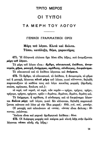 ΤΡΙΤΟ ΜΕΡΟΣ
ΟΙ ΤΥΠΟΙ
Τ Α Μ Ε Ρ Η Τ Ο Υ Λ Ο Γ Ο Υ
ΓΕΝΙΚΟΙ ΓΡΑΜΜΑΤΙΚΟΙ ΟΡΟΙ
Μερη του λόγου· Κλιτά καί άκλιτα.
Τύποι» κατάληξη, θέμα, χαρακτήρας
471. Ή ελληνική γλώσσα έχει δέκα εϊδη λέξεις, πού ονομάζονται
μέρη τοϋ λόγου.
Τά μέρη τού λόγου είναι : άρ&ρο, ουσιαστικό, έπί&ετο, Αντω-
νυμία, ρήμα, μετοχή, έπίρρημα, πρό&εση, σύνδεσμος, έπιφώνημα.
Τό ούσιαστικό και τό έπίθετο λέγονται και δνόματα·
472. Τό άρθρο, τό ούσιαστικό, τό έπίθετο, ή άντωνυμία, τό ρήμα
και ή μετοχή, λέγονται κλιτά μέρη τού λόγου, γιατί κλίνονται, δηλαδή
παρουσιάζουν τό καθένα τους στο λόγο ποικίλες μορφές (άριθμός,
πτώση, πρόσωπο, έγκλιση κτλ.):
τό νερό, τού νερού, τά νερά, τών νερών — τρέχω, τρέχεις, τρέχει,
τρέχομε, τρέχετε, τρέχουν, τρέξε — δεμένος, δεμένου, δεμένο, δεμένη κτλ.
Τό έπίρρημα, ή πρόθεση, ό σύνδεσμος και τό έπιφώνημα λέγον-
ται άκλιτα μέρη του λόγου, γιατί δέν κλίνονται, δηλαδή παρουσιά-
ζονται πάντοτε στο λόγο μέ τήν ϊδια μορφή : έδώ, γιά, καί, μακάρι.
Ot μετοχές πού τελειώνουν σέ -οντάς, -ώντας είναι άκλιτες: δέ-
νοντας, γελώντας.
"Ακλιτα είναι και μερικά άριθμητικά έπίθετα : δέκα.
473. OÎ διάφορες μορφές πού παίρνει μιά κλιτή λέξη στήν ομιλία
λέγονται τύποι αύτής τής λέξης:
14
 