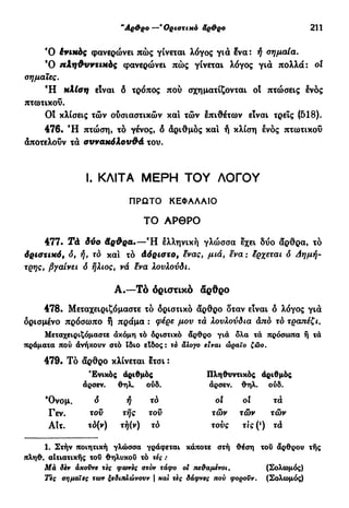 "Αρ&ρο—'Οριστικό άρ&ρο 211
Ό ένιχάς φανερώνει πώς γίνεται λόγος για Ινα : ή οημαία.
Ό ηληΦυντιχός φανερώνει πώς γίνεται λόγος για πολλά: οί
σημαίες.
Ή κλίση είναι ό τρόπος πού σχηματίζονται ot πτώσεις ένός
πτωτικού.
Ot κλίσεις τών ουσιαστικών και τών έπιθέτων είναι τρεις (518).
476. Ή πτώση, τό γένος, δ άριθμός και ή κλίση ενός πτωτικού
άποτελοΰν τα αυνακόλουΦά του.
I. ΚΛΙΤΑ ΜΕΡΗ ΤΟΥ ΛΟΓΟΥ
ΠΡΩΤΟ ΚΕΦΑΛΑΙΟ
ΤΟ ΑΡΘΡΟ
477. Τά δύο Λ ρ £ ρ α . — Ή ελληνική γλώσσα έχει δύο άρθρα, τό
όριστιχό, ό, ή, τό και τό άόριστο, ίνας, μιά, ενα : ίρχεται ό Δημή-
τρης, βγαίνει ό ήλιος, νά ίνα λουλούδι.
Α.—Τό οριστικό άρθρο
478. Μεταχειριζόμαστε τό οριστικό άρθρο δταν είναι δ λόγος γιά
ορισμένο πρόσωπο ή πράμα : φέρε μου τά λουλούδια άπό τό τραπέζι.
Μεταχειριζόμαστε άκόμη τό δριστικό άρθρο γιά δλα τά πρόσωπα ή τά
πράματα πού άνήκουν στό Ιδιο είδος: τά άλογο είναι ώραιο ζώο.
479. Τό άρθρο κλίνεται ετσι :
Ενικός άριθμός Πληθυντικός άριθμός
άρσεν. θηλ. σύδ. άρσεν. θηλ. σύδ.
Όνομ. ό ή τό οί ol τά
Γεν. του τής του τών τών τών
Αΐτ. τό(ν) τή(ν) τό τους τις (*) τά
1. Στήν ποιητική γλώσσα γράφεται κάποτε στή θέση του άρθρου τής
πληθ. αΐτιατικής του θηλυκού τό τες :
Μα δεν άκοϋνε τες φωνές οτόν τάφο οί τιε&αμένοι. (Σολωμός)
Τες σημαίες των ξεδιπλώνουν | και τες δάφνες που φορούν. (Σολωμός)
 