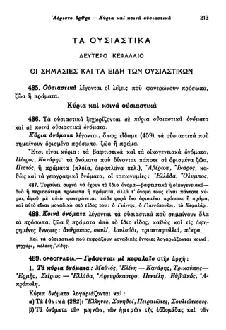 'Αόριστο &ρ&ρο — Κύρια και κοινά ουσιαστικά 213
ΤΑ Ο Υ Σ Ι Α Σ Τ Ι Κ Α
ΔΕΥΤΕΡΟ ΚΕΦΑΛΑΙΟ
ΟΙ ΣΗΜΑΣΙΕΣ ΚΑΙ ΤΑ ΕΙΔΗ ΤΩΝ ΟΥΣΙΑΣΤΙΚΩΝ
485. Ούσιαστικά λέγονται ο! λέξεις πού φανερώνουν πρόσωπα,
ζώα ή πράματα.
Κύρια καί κοινά ούσιαστικά
486. Τά ουσιαστικά ξεχωρίζονται σέ κύρια ουσιαστικά ονόματα
κα! σέ κοινά ουσιαστικά ονόματα.
Κύρια δνόματα λέγονται, δπως είδαμε (459), τά ούσιαστικά πού
σημαίνουν ορισμένο πρόσωπο, ζώο ή πράμα.
"Ετσι είναι κύρια : τά βαφτιστικά κα! τά οικογενειακά ονόματα,
Πέτρος, Κανάρης· τά δνόματα πού δίνονιαι κάποτε σέ ορισμένα ζώα,
Πιστός, ή πράματα (πλοία, άεροπλάνα κτλ.), 9
Αβέρωφ, "Ικαρος, κα-
θώς και τά γεωγραφικά δνόματα, οι τοπωνυμίες : 8
Ελλάδα, "Ολυμπος.
487. Τυχαίνει συχνά να έχουν τό ίδιο δνομα—βαφτιστικό ή οικογενειακό—
δυό ή περισσότερα πρόσωπα ή πράματα, άλλά τ' δνομά τους είναι πάντοτε κύ-
ριο, άφοΰ με αύτό φανερώνεται κάθε φορά ένα ορισμένο πρόσωπο ή πράμα,
καί αύτό είναι μοναδικό στό είδος του : ό Γιάννης, ό Γιαννόπουλος, τό Κεφαλάρι.
488·2Γθ4νά δνόματα λέγονται τά ούσιαστικά πού σημαίνουν δλα
τά πρόσωπα, ζώα ή πράματα άπό τό ϊδιο είδος, καθώς κα! τ!ς άφη-
ρημένες έννοιες : αν&ρωπος, σκυλί, λουλούδι, τριανταφυλλιά, πίκρα.
Καί τά ούσιαστικά πού εκφράζουν μοναδικές έννοιες λογαριάζονται κοινά :
φεγγάρι, κόλαση,"Αδης.
489. ΟΡΘΟΓΡΑΦΊΑ.— Γράφονται μέ κεφαλαίο στήν άρχή :
1. Τά κύρια δνόματα : Μα&ιός, 'Ελένη —Κανάρης, Τρικούπης—
β
Ερμης, Σείριος — 'Ελλάδα, 9
Αργυρόκαστρο, Πεντέλη, Ευβοϊκός, 9
Α-
κρόπολη.
Κύρια δνόματα λογαριάζονται καί:
α)Τά έθνικά (282): "Ελληνες, Σουηδοί,Πειραιώτες, Σουλιώτισσες.
β)Τά όνόματα τών μηνών, τών ήμερών τής έβδομάδας καί τών
 