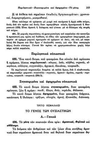 Περιληπτικά—Συγκεκριμένα και αφηρημένα—Τό γένος 215
β) τα έπίθετα πού σημαίνουν δπαδούς θρησκευμάτων: χριστια-
νοί, διαμαρτυρόμενοι, μωαμεθανοί.
Είναι καλύτερο νά γράφεται μέ μικρό στά ποιήματα ή άρχή κάθε στίχου,
έκτός άπό τόν πρώτο καί έκτός δταν προηγήθηκε τελεία, έρωτηματικό ή θαυ-
μαστικό (123). Είναι άρκετή ή διάκριση πού γίνεται μέ τό άλλαγμα τής σειράς
του στίχου.
491. Σέ μερικές περιστάσεις τή χρησιμοποίηση του κεφαλαίου τήν κανονίζει
ή προσωπική μας κρίση καί διάθεση, τό είδος τών γραφομένων (περιγραφή, ρη-
τορεία* σέ γράμμα μερικοί προτιμούν νά γράφουν τό έσεΐς, σας κτλ. μέ κεφα-
λαίο). Θά έπρεπε στό Ϊδιο έργο ν' άκολουθή κανείς γιά τήν ίδια κατηγορία
λέξεις ενιαίο σύστημα. Γενικά δέν πρέπει νά χρησιμοποιούνται χωρίς λόγο
πάρα πολλά κεφαλαία.
Περιληπτικά ουσιαστικά
492· Έ ν α κοινό δνομα, πού φανερώνει ενα σύνολο άπό πρόσωπα
η πράματα, λέγεται περιληπτικό : κόσμος, λαός, πλήθος, στρατός, οί-
κογένεια, σύλλογος, συγγενολόγι, άργατιά, ελαιώνας, τουφεκίδι.
Τό περιληπτικό παρουσιάζει ενωμένα τά πολλά δμοια, ένώ ό πληθυντικός
τά παρουσιάζει χωριστά : συγγενολόγι - συγγενείς, άργατιά - άργάτες, στρατός - στρα-
τιώτες, τουφεκίδι - τουφεκιές (264.5).
Συγκεκριμένα και άφηρημενα ούσιαστικά
493. Τό κοινό δνομα λέγεται συγκεκριμένο, δταν φανερώνη
πρόσωπο, ζώο ή πράμα : παιδί, άλογο, θεός, νεράιδα, θάλασσα.
Τό κοινό δνομα λέγεται Αφηρημένο, δταν φανερώνη ένέργεια,
κατάσταση ή ιδιότητα : τρέξιμο, ευτυχία, άρετή, έξυπνάδα, διάσταση.
ΤΡΙΤΟ ΚΕΦΑΛΑΙΟ
ΤΟ ΓΕΝΟΣ ΤΩΝ ΟΥΣΙΑΣΤΙΚΩΝ
Α.—Γενικά
494. Τά γένη τών πτωτικών είναι τρία : Αρσενικό, θηλυκό και
ούδέτερο.
Τά δνόματα τών άνθρώπων και τών ζώων είναι συνήθως άρσε-
νικά δταν σημαίνουν άρσενικά δντα καί θηλυκά δταν σημαίνουν θη-
 