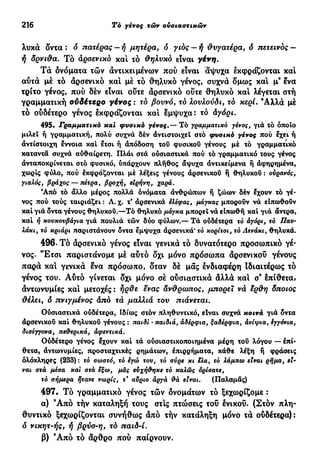 216 Το γένος τών ουσιαστικών
λυκά δντα : δ πατέρας — ή μητέρα, δ γιος — ή θυγατέρα, δ πετεινός —
ή δρνιθα. Τό άρσενικο και τό θηλυκό είναι γένη.
Τα δνόματα τών αντικειμένων πού είναι άψυχα εκφράζονται και
αύτά με τό άρσενικο και μέ τό θηλυκό γένος, συχνά δμως και μ9
ενα
τρίτο γένος, πού δέν είναι ούτε άρσενικά ούτε θηλυκό και λέγεται στή
γραμματική ούδέτερο γένος : το βουνό, τό λουλούδι, τό κερί. Ά λ λ ά μέ
τό ούδέτερο γένος έκφράζονται και έμψυχα: τό άγόρι.
495. Γραμματικό και φυσικό γένος.— Τό γραμματικό γένος, γιά τό όποιο
μιλεί ή γραμματική, πολύ συχνά δέν άντιστοιχει στό φυσικό γένος πού έχει ή
αντίστοιχη έννοια καί έτσι ή άπόδοση του φυσικού γένους μέ τό γραμματικό
καταντά συχνά αύθαίρετη. Πλάι στά ούσιαστικά πού τό γραμματικό τους γένος
άνταποκρίνεται στό φυσικό, υπάρχουν πλήθος άψυχα αντικείμενα ή αφηρημένα,
χωρίς φύλο, πού έκφράζονται μέ λέξεις γένους άρσενικοΰ ή θηλυκού : ουρανός,
γιαλός, βράχος —- πέτρα, βροχή, ειρήνη, χαρά.
Άπό τό άλλο μέρος πολλά ονόματα ανθρώπων ή ζώων δέν έχουν τό γέ-
νος πού τούς ταιριάζει : Λ. χ. τ9
άρσενικά ελέφας, μάγκας μπορούν νά είπωθοΰν
καί γιά δντα γένους θηλυκού.—Τό θηλυκό μάγκα μπορεί νά είπωθή καί γιά άντρα,
καί ή κουκουβάγια γιά πουλιά τών δύο φύλων.— Τά ούδέτερα τό άγόρι, τό Ζ7αυ·
λάκι, τό κριάρι παριστάνουν δντα έμψυχα άρσενικά* τό κορίτσι, τό Αενάκι, θηλυκά.
496. Τό άρσενικο γένος είναι γενικά τό δυνατότερο προσωπικό γέ-
νος. Έ τ σ ι παριστάνομε μέ αύτό δχι μόνο πρόσωπα άρσενικοΰ γένους
παρά και γενικά ένα πρόσωπο, δταν δέ μας ένδιαφέρη Ιδιαιτέρως τό
γένος του. Αύτό γίνεται δχι μόνο σέ ούσιαστικά άλλά καί σ9
έπίθετα,
άντωνυμίες και μετοχές : ήρθε ενας άνθρωπος, μπορεί νά έρθη δποιος
θέλει, δ πνιγμένος άπό τά μαλλιά του πιάνεται.
Ούσιαστικά ούδέτερα, Ιδίως στόν πληθυντικό, είναι συχνά κοινά γιά δντα
άρσενικοΰ καί θηλυκού γένους : παίδι · παιδιά, άδέρφια, ξαδέρφια, άνίψια, έγγόνια,
δισέγγονα, πε&ερικά, άφεντικά.
Ούδέτερο γένος έχουν καί τά ούσιαστικοποιημενα μέρη του λόγου — έπί-
θετα, άντωνυμίες, προσταχτικές ρημάτων, έπιρρήματα, κάθε λέξη ή φράσεις
ολόκληρες (233): τό σωστό, τό εγώ του, τό σύρε κι ελα% τό λάμπω είναι ρήμα, εί-
ναι στά μέσα και στά εξω, μας ευχήθηκε τό καλώς όρίσατε,
τό σήμερα ήτανε νωρίς, τ* αΰριο άργά &ά είναι. (Παλαμάς)
497· Τό γραμματικό γένος τών ονομάτων τό ξεχωρίζομε :
α) 9
Από τήν καταληξή τους στις πτώσεις του ένικού. (Στόν πλη-
θυντικό ξεχωρίζονται συνήθως άπό τήν κατάληξη μόνο τά ούδέτερα):
δ νικητ-ής, ή βρύσ-η, τό παιδ-ί.
β) 9
Από τό άρθρο πού παίρνουν.
 