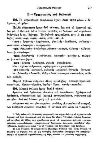 Σχηματισμός θηλυκοΰ 217
Β.—Σχηματισμός τοΰ θηλυκού
498. Τα περισσότερα ουσιαστικά έχουν ëvav τύπο μόνο: ό Άν-
θρωπος, τό χώμα.
Πολλά ουσιαστικά έχουν δυό τύπους, ενα για το άρσενικό κα!
Ινα γιά τό θηλυκό. Αυτό γίνεται συνήθως σέ όνόματα που σημαίνουν
έπάγγελμα ή κα! ιδιότητα. Τό θηλυκό σχηματίζεται τότε μέ τ!ς κατα-
λήξεις -ισσα, -τρα, -τρία, -αινα, Ίνα, -ου, -ά.
-ιασαΐ Άρχοντας— αρχόντισσα, βασιλιάς —βασίλισσα, γείτονας —
γειτόνισσα, σύντροφος - συντρόφισσα.
-τρα : δουλευτής—δουλεύτρα, ράφτης — ράφτρα, κλέφτης — κλέφτρα,
υφαντής — υφάντρα.
-τρια : διευθυντής — διευθύντρια, φοιτητής — φοιτήτρια, τηλεφω-
νητής—τηλεφωνήτρια.
-αινα : δράκος — δράκαινα, ψωμάς — ψωμάδαινα.
-ίνα : άράπης — άραπίνα, πρόσφυγας — προσφυγίνα.
-ού : κοσκινάς—κοσκινού, μυλωνάς—μυλωνού, ύπναράς—ύπναρού.
-α: δάσκαλος—δασκάλα, θειος—θεία, νοσοκόμος—νοσοκόμα, σκλά-
βος-σκλάβα.
Μερικά θηλυκά παίρνουν άλλες καταλήξεις: αύτοκράτορας-αύ-
τοκράτειρα, ήρωας —ήρωίδα, ιερέας—Ιέρεια, παπάς-παπαδιά.
499. Μερικά θηλυκά έχουν διπλό τύπο :
άραπίνα κα! άράπισσα, δασκάλα κα! δασκάλισσα, έργάτρια κα!
έργάτισσα, αυτοκράτειρα κα! (ποιητ.) αύτοκρατόριοσα, γιάτραινα κα!
γιατρίνα, θεά κα! θέαινα, φίλη κα! φιλενάδα.
γιάτραινα κα! γιατρίνα σημαίνει συνήθως τή γυναίκα τοΰ γιατροΰ,
ένώ γιάτρισσα σημαίνει συνήθως τή γυναίκα πού κάνει τό γιατροί1
)·
1. Στις τελευταίες δεκαετίες παρουσιάζεται συχνά άνάγκη νά σχηματιστούν
θηλυκά καί άπό ούσιαστικά πού ώς τώρα δέν εΐχαν. Ή λαϊκή γλώσσα δημιουρ-
γεί συνήθως τις λέξεις πού χρειάζονται κατά τά παραπάνω πρότυπα : είσπρα-
χτόρισσα, οκουπιδιάρισσα, τραμβαγέρισσα' δικηγορίνα, λονστρίνα, προεδρίνα' ειρη-
νοδίκαινα, ξενοδόχαινα (μόνο γιά τή γυναίκα τοΰ ξενοδόχου) καί ξενοδόχα.
Σέ δσα όνόματα δέ σχηματίζουν ιδιαίτερα θηλυκά καί εΐναι άνάγκη νά
δηλωθή τό θηλυκό, γιά νά μή γεννηθή αμφιβολία μπορούμε νά μεταχειρι-
στούμε τό άρσενικό προσθέτοντας τή λέξη γυναίκα : οι γυναίκες συγγραφείς.
 