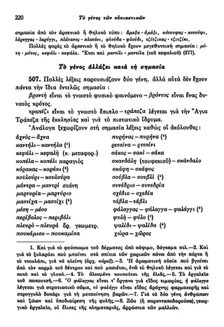 220 Το γένος τών ουσιαστικών
σημασία από ιόν αρσενικό ή θηλυκό τύπο: άμαξα-αμάξι, κότσυφας - κοτσύφι,
λάρυγγας - λαρύγγι, πλάτανος - πλατάνι, φλούδα - φλούδι, τζίτζικας - τζιτζίκι.
Πολλές φορές τό άρσενικό ή τό θηλυκό έχουν μεγεθυντική σημασία : μύ-
τη - μύτος, κεφάλι - κεφάλα. Έτσι καί μαντίλι - μαντίλα (τού κεφαλιού) (277).
Τό γένος Αλλάζει κατά τή σημασία
507. Πολλές λέξεις παρουσιάζουν δύο γένη, άλλά αύτά δέν έχουν
πάντα τήν ϊδια έντελώς σημασία :
βροντή είναι τό γνωστό φυσικό φαινόμενο-βρόντος είναι Ινας δυ-
νατός κρότος.
τραπέζι είναι τό γνωστό έπιπλο —τράπεζα λέγεται γιά τήν "Αγια
Τράπεζα τής έκκλησίας και γιά τό πιστωτικό ίδρυμα.
'Ανάλογα ξεχωρίζουν στή σημασία λέξεις καθώς οί άκόλουθες :
άχνος— άχνα πυρήνας — πυρήνα (4
)
καντήλι - καντήλα (*) ρετσίνα — ρετσίνι
κεφάλι — κεφαλή (κ. μεταφορ.) σάκος— σακί — σάκα
κοπέλα- κοπέλι παραγιός σκανδάλη (τουφεκιοΰ) - σκάνδαλο
κόρακας—κοράκι (*) σκάφη - σκάφος
κουλούρι - κουλούρα σούβλα - σουβλΐ (δ
)
μάντρα — μαντρί στάνη συνέδριο — συνεδρία
μαρτυρία — μαρτύριο σχέδιο — σχεδία
μαστίχα - μαστίχι (*) τάβλα—τάβλι
μέση - μέσο φάλαγγας - φάλαγγα - φαλάγγι (β
)
περίβολος — περιβόλι φυλή — φύλο (7
)
πλευρό-πλευρά δρ. γεωμετρ. ψαλίδι —ψαλίδα (8
)
πουκάμισο — πουκαμίσα χώρα — χώρος
1. Καί γιά τό φούσκωμα τού δέρματος άπό κάψιμο, δάγκαμα κτλ.—2. Καί
γιά τό ξυλαράκι πού μπαίνει στά σπίτια τών χωρικών πάνω άπό τήν πόρτα ή
τό ντουλάπι, γιά νά κλείνη (άρχ. κόραξ).—Β. Ή άρωματική ούσία πού βγαίνει
άπό τόν κορμό τού δέντρου καί πού μασιέται, ένώ τό θηλυκό λέγεται καί γιά τό
ποτό καί τό γλυκό.—4. Τό αλεσμένο κουκούτσι τής ελιάς.—δ. Τό έργαλειο
τού παπουτσή.—6. Ό φάλαγγας είναι τ* δργανο γιά είδος τιμωρίας, ή φάλαγγα
λέγεται γιά στρατιωτικό σώμα, τό φαλάγγι είναι είδος άράχνης φαρμακερής καί
στρογγυλό δοκάρι γιά τή μετακίνηση βαρών.—7. Γιά τά δύο γένη άνθρώπων
καί ζώων καί υποδιαίρεση τής φυλής.—8. Ζώο (ή σαρανταποδαρούσα),γεωρ-
γικό έργαλειο, ot έλικες τής κληματαριάς, αρρώστια τών μαλλιών.
 