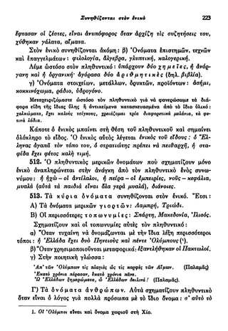 Συνηθίζονται στόν ένικδ 223
έφτασαν ol ζέστες, είναι Ανυπόφορος δταν άρχίζη τΙς συζητήσεις του,
χύθηκαν γάλατα, αίματα.
Στόν ενικό συνηθίζονται άκόμη: β) 'Ονόματα έπιστημών, τεχνών
κα! επαγγελμάτων : φιλολογία, άλγεβρα, γλυπτική, καλογερική.
Λέμε ώστόσο στόν πληθυντικό : ύπάρχουν δύο χημείες, ή άνόρ-
γανη καί ή δργανική* άγόρασα δύο ά ρ ι θ μη τ ικές (δηλ. βιβλίο).
γ) 'Ονόματα στοιχείων, μετάλλων, δρυκτών, προϊόντων : άσήμι,
κοκκινόχωμα, ράδιο, υδρογόνο.
Μεταχειριζόμαστε ώστόσο τόν πληθυντικό γιά νά φανερώσωμε τά διά-
φορα είδη τής Ιδιας ΰλης ή αντικείμενα κατασκευασμένα από τό ίδιο υλικό:
χαλκώματα, εχει καλούς τσίγκους, χρειάζομαι τρία διαφορετικά μελάνια, τά φε-
τινά λάδια.
Κάποτε δ ένικός μπαίνει στή θέση τοΰ πληθυντικού κα! σημαίνει
ολόκληρο τό είδος. Ό ένικός αυτός λέγεται ένικός τοϋ είδους : δ *Ελ-
ληνας άγαπά τόν τόπο του, δ στρατιώτης πρέπει νά πειθαρχή, ή στα-
φίδα έχει φέτος καλή τιμή.
512. Ό πληθυντικός μερικών δνομάτων πού σχηματίζουν μόνο
ενικό άναπληρώνεται στήν άνάγκη άπό τόν πληθυντικό ένός συνω-
νύμου: ή ήχώ — ol άντίλαλοι, ή πείρα —ol έμπειρίες, νοϋς — κεφάλια,
μυαλά {αύτά τά παιδιά είναι δλα γερά μυαλά), διάνοιες.
513. Τά κ ύ ρ ι α δ ν ό μ α τ α συνηθίζονται στόν ένικό. "Ετσι :
Α) Τά δνόματα μερικών γ ι ο ρ τ ώ ν : Λαμπρή, Τριώδι.
Β) Οί περισσότερες τ ο π ω ν υ μ ί ε ς : Σπάρτη, Μακεδονία, 9
Ιλισός.
Σχηματίζουν κα! ο! τοπωνυμίες αύτές τον πληθυντικό :
α) "Όταν τυχαίνη νά δνομάζωνται μέ τήν ϊδια λέξη περισσότεροι
τόποι : ή e
Ελλάδα έχει δυό Πηνειούς καί πέντε 9
Ολύμπους (*).
β) "Οταν χρησιμοποιούνται μεταφορικά: έξαντλήθηκαν ot Πακτωλοί.
γ) Στήν ποιητική γλώσσα :
Άπ* τών Όλύμπων τις πλαγιές ώς τις κορφές τών Αίμων. (Παλαμάς)
Έκατο χρόνια πέρασαν, §κατό χρόνια πάνε.
Ώ €
Ελλάδων ξημερώματα, ώ Ελλάδων δειλινά! (Παλαμάς).
Γ ) Τ ά δ ν ό μ α τ α ά ν θ ρ ώ π ω ν . Αύτά σχηματίζουν πληθυντικό
δταν είναι δ λόγος γιά πολλά πρόσωπα μέ τό ϊδιο δνομα : σ9
αύτό τό
1. 01 Όλύμποι είναι καί δνομα χωρίου στή Χίο.
 