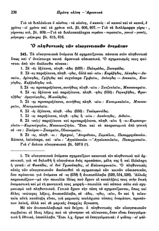 .238 Πρώτη κλίση — 'Αρσενικά
Γιά τά διπλόκλιτα ό πλούτος - τά πλούτη, ό καπνός - οί καπνοί καί τά καπνά, 6
χρόνος - οί χρόνοι καί τά χρόνια κτλ. βλ. 606, 607. — Γιά τά διπλόμορφα γέρος - s
γέροντας κτλ. βλ. 609.—Γιά τά διπλοκατάληχτα νομάτοι - νοματαΐοι, γονιοί - γονείς,
μάγειρος - μάγειρας βλ. 615, 616.
Ό πληθυντικός τών οικογενειακών όνομάτων
545. Τά οικογενειακά όνόματα δέ σχηματίζονται πάντοτε στόν πληθυντικό
δπως καί τ9
αντίστοιχα κοινά άρσενικά ούσιαστικά. Ό σχηματισμός τους φαί-
νεται άπό τόν άκόλουθο πίνακα:
1. Σέ -ας οξύτονα, πληθ. -άδες (529) : Παλαμάδες, Σκουφάδες.
2. Σέ -ας παροξύτονα, πληθ. -ηδες, άλλά καί -αΐοι : Καράβηδες, Λάπηδες—Λα-
παΐοι, Δρίτσηδες, Γριβηδες καί συχνότερα Γριβαΐοι, Δούκηδες — Δουκαΐοι, Κου-
γέηδες, Καββαδίηδες κτλ.
3. Σέ -ας προπαροξύτονα, συνήθως πληθ. -αΐοι : Ζουζουλαΐοι, Μπουκουράΐοι.
4. Σέ -ης οξύτονα καί παροξύτονα, πληθ. -ηδες (534) : Ραγκαβήδες, Φραν-
τζήδες' Δραγούμηδες, Μιαούληδες.
5. Σέ -ης προπαροξύτονα, συνήθως πληθ. -αΐοι : Κατσιμπαλαΐοι, Μποτσα-
ραΐοι, Μπουμπουλαΐοι.
6. Σέ ·ές όξύτονα, πληθ. -έδες (536) : Τσελεμεντεδες.
7. Σέ -ες παροξύτονα, πληθ. -ηδες ή -αΐοι: Δαπόντηδες, Δεδαΐοι.
8. Σέ -ου(ς) παροξύτονα καί προπαροξύτονα, πληθ. -αΐοι ή -οι: Καμπουρο-
γλαΐοι—Κάμπουρογλοι, Μποσταντζόγλοι. "Ετσι καί τά πατρωνυμικά άπό γενική
σέ -ου: Σταύρου—Σταυραΐοι,Οίκονομαΐοι.
9. Σέ -ος, πληθ. -οι : Βραχνοί, Άντ ροϋτσοι, Ζαμπέλιοι, Παπαρρηγόπουλοι.
Κάποτε, λαϊκότερα, καί -αΐοι : 'Αγγελόπουλοι —*Αγγελοπουλαΐοι, Παπαχρισταΐοι.
Γιά τ' άκλιτα οικογενειακά βλ. 597 δ t1
).
1. Τά οίκογενειακά όνόματα σχηματίζουν κανονικά τόν πληθυντικό τοΰ άρ-
σενικοΰ, γιά νά δηλωθή ή οικογένεια ένός προσώπου, μέλη της ή καί ολόκληρη
ή γενεά: οι Φωκάδες, οί δυο Τρικούπηδες, οί Κσλοκοτρωναΐοι. Ό πληθυντικός
αύτός τών οικογενειακών άκολουθεΐ τό σχηματισμό τών κοινών ούσιαστικών,
δσο πρόκειται γιά όνόματα σέ -ος (538) ή άνισοσύλλαβα (529,534,536). Αλλιώς
παρουσιάζουν—μέ τήν ποικιλία ιδίως πού έχουν ot καταλήξεις τους στήν ενική
ονομαστική καί μέ τή φωνητική τους μορφή—ποικιλία καί κάποιο σάλο στό σχη-
ματισμό τοΰ πληθυντικού. Γενικά έχουν τήν τάση νά σχηματίζωνται, δπως και
άλλες νεώτερες λέξεις, άνισοσύλλαβα, σέ -άδεςΛ -ηδες, -αΐοι, άν καί ή τελευ-
ταία αύτή κατάληξη είναι, γιά μερικούς τουλάχιστο τύπους όνομάτων, προπάν-
των λαϊκή, άλλά καί σέ μερικές επαρχίες άγνωστη.
Μέ τόν άνισοσυλλαβισμό πού δείχνει ό πληθυντικός τών οίκογενειακών
συμβαίνει οί ίδιες λέξεις πού τά γέννησαν νά κλίνωνται, δταν είναι έπαγγελμα-
τικά ή έθνικά, ισοούλλαβα. "Ετσι λ.χ. εχομε τά επαγγελματικά: ό ψάλτης - οί ψάλ-
 