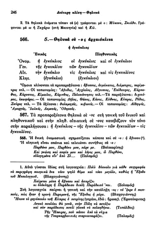 246 Τρίτηκλίση —Ούδέτεραάνισοσύλλαβα
2. Τά θηλυκά όνόματα τόπων σέ (ο) γράφονται μέ ο : Μύκονο, Σκιάθο. Γρά-
φονται μέ ω ή Ζαχάρω (στή Μεσσηνία) καί ή Κώ.
566. 5.—θηλυκά ai -ο ς άρχαιόκλιτα
ή έγκύκλ$ος
Ένικός Πληθυντικός
Ό ν ο μ . ή εγκύκλιος ol Εγκύκλιες και ol εγκύκλιοι
Γεν. τής Εγκυκλίου τών Εγκυκλίων
ΑΙτ. τήν Εγκύκλιο τις Εγκύκλιες και τις Εγκυκλίους
Κλητ. Ιγκύκλιο) (Εγκύκλιοι)
"Ομοια κλίνονται τά προπαροξύτονα : άβυσσος, άτμάκατος, διάμετρος, τιερίμε-
τρσς κτλ. — Oi τοπωνυμίες : ν
Αβυδος, *Αγχίαλος, Αίγυπτος, *Επίδαυρος, Κάρπα-
θος, Κάρυστος, Κίμωλος, Κόρινθος, Πελοπόννησος κτλ.—Τά παροξύτονα: διχοτό-
μος, λεωφόρος.— 01 τοπωνυμίες Δήλος, Θάσος, Κάσος, Κύθνος, Κύπρος, Ρόδος,
Σκύρος κτλ, — Τά οξύτονα : θαλαμηγός, κιβωτός.— Οί τοπωνυμίες: ΑΙδηψός,
*Αμοργός, Ίωλκός, Αεμεσός, *Οδησσός.
567. Τα προπαροξύτονα θηλυκά σέ -ος στή γενική τοΰ ένικοΰ και
πληθυντικού και στήν πληθ. αΐτιατική σέ -ους κατεβάζουν τόν τόνο
στήν παραλήγουσα : ή Εγκύκλιος — τής εγκυκλίου - τών Εγκυκλίων - τΙς
Εγκυκλίους.
568· Ή ένική ονομαστική σχηματίζεται κάποτε καί σέ -ο : ή άβυσσο (').
Ή κλητική είναι σπάνια καί τελειώνει συνήθως σέ -ο ;
Παρθένο μου, Παρθένο μου, πάρε με. (Βαλαωρίτης)
Και γνώση και σοφία μου και λόγος μου, ώ Παρθένο,
ευλογημένα εϊν* άπό Σέ... (Παλαμάς)
1. Αύτό γίνεται Ιδίοις στή λογοτεχνία: Πολύ δύσκολο γιά κάθε συγγραφέα
νά περιγράψη ποιητικά Ινα τόσο ψηλό θέμα και τόσο μεγάλο, καθώς ή *Εξοδο
τοϋ Μεσολογγίου. (Βλαχογιάννης)
Χαίρεται μέσα ή άβυσσο και άσπριζει
κι όλόκληρη ή Παράδεισο διπλή Παράδεισό 'ναι. (Σολωμός)
Στή λογοτεχνία παίρνει ή γενική καί τήν κατάληξη -ος : τό 'ξερε ό παπ-
πούς, πώς ήταν ή τρανή Παραμονή, τής Εξοδος ή μέρα. (Βλαχογιάννης)
"Ητονε τό ρηγόπουλο τσή Κύπρος ό πετρίτης (γεράκι, εδώ : ήρωας). (Έρωτόκριτος)
Λευκό πουλάκι θά γενώ, στήν Πόλη νά πετάξω
και σάν παράδεισος πουλί γλυκά νά κελαηδήσω. (Τυπάλδος)
Τής "Ηπειρος, πού κάτου άπό τά νύχια
τής Τουρκαρβανιτιάς στερνοσπαράζει. (Παλαμάς)
 