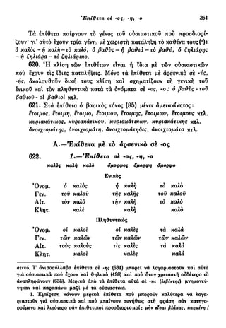 Έπί&ετα σέ -ο ς, ·η, -ο 261
Τά επίθετα παίρνουν τό γένος του ουσιαστικού πού προσδιορί-
ζουν* γι9
αύτό έχουν τρία γένη, μέ χωριστή κατάληξη τό καθένα τους(!
):
δ κάλος-ή καλή-το καλό, ό βαθύς —ή βαθιά —τό βαθύ, ό ζηλιάρης
— ή ζηλιάρα - τό ζηλιάρικο.
620. Ή κλίση τών επιθέτων είναι ή ίδια μέ τών ούσιαστικών
πού έχουν τις ϊδιες καταλήξεις. Μόνο τά έπίθετα μέ άρσενικό σέ ~ύς,
-ής% ακολουθούν δική τους κλίση και σχηματίζουν τή γενική του
ενικού κα! τόν πληθυντικό κατά τά ονόματα σέ -ος, -ο : δ βαθύς - τον
βαθιού - ol βαθιοί κτλ.
621. Στά επίθετα δ βασικός τόνος (85) μένει άμετακίνητος :
έτοιμος, έτοιμη, έτοιμο, ετοιμον, έτοιμης, έτοιμων, έτοιμους κτλ.
κνριακάτικος, κνριακάτικον, κνριακάτικων, κυριακάτικης κτλ.
άνοιχτομάτης, άνοιχτομάτη, άνοιχτομάτηδες, άνοιχτομάτα κτλ.
Α.—Έπίθετα μέ το αρσενικό σέ -ος
622. 1·—9
Επίθετα ah -ο ς, -if, -ο
καλός καλή καλό άμορφος ομορφή άμορφο
Ενικός
Όνομ. δ καλός ή καλή τό καλό
Γεν. τον καλού τής καλής τον καλού
Αιτ. τόν καλό τήν καλή τό καλό
Κλητ. καλέ καλή καλό
Πληθυντικός
Όνομ. οί κάλοι ol καλές τά καλά
Γεν. τών καλών τών καλών τών καλών
Αιτ. τονς καλούς τις καλές τά καλά
Κλητ. καλοί καλές καλά
στικό. Τ' άνισοσύλλαβα έπίθετα σέ ·ης (634) μπορεί νά λογαριαστούν καί αύιά
γιά ούσιαστικά πού έχουν καί θηλυκό (498) καί πού όταν χρειαστή ούδέτερο τό
αναπληρώνουν (635). Μερικά άπό τά έπίθετα αυτά σέ -ης (λεβέντης) μνημονεύ-
τηκαν καί παραπάνω μαζί μέ τά ούσιαστικά.
1. Εξαίρεση κάνουν μερικά έπίθετα πού μπορούν καλύτερα νά λογα-
ριαστούν γιά ούσιαστικά καί πού μπαίνουν συνήθως στή φράση σάν κατηγο-
ρούμενα καί λιγότερο σάν επιθετικοί προσδιορισμοί: μήν είσαι βλάκας, καημένη !
 