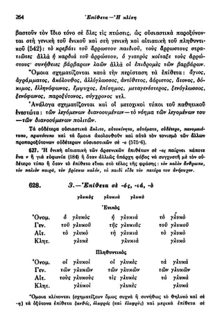 264 Τρίτη κλίση—Ούδέτεραάνισοσύλλαβα
βαστούν τόν ϊδιο τόνο σέ δλες τις πτώσεις, ώς ουσιαστικά παροξύνον-
ται στή γενική του ένικοΰ καί στή γενική και αΐτιατική τοΰ πληθυντι-
κού (542): τό κρεβάτι τοϋ άρρωστου παιδιού, τούς άρρωστους στρα-
τιώτες άλλά ή καρδιά τοϋ άρρώστον, δ γιατρός κοίταξε τούς άρρώ-
στους* συνήθειες βάρβαρων λαών αλλά ol έπιδρομές τών βαρβάρων.
Ό μ ο ι α σχηματίζονται κατά τήν περίσταση τα έπίθετα: άγιος,
αγράμματος, άκόλου&ος, άλλόγλωσσος, άντίϋ'ετος, άόριστος, άτονος, δό"
κιμος, έλληνόφωνος, έμψυχος, έπίσημος, μεταγενέστερος, ξενόγλωσσος,
ξενόφωνος, παροξύτονος, σύγχρονος κτλ.
'Ανάλογα σχηματίζονται και ot μετοχικοί τύποι τοΰ παθητικού
ένεστώτα: τών λεγόμενων διανοουμένων—τό νόημα τών λεγομένων του
—τών διανοούμενων πολιτών.
Τά ούδέτερα ούσιαστικά άκλιτο, αυτοκίνητο, αυτόματο, ουδέτερο, πανομοιό-
τυπο, πρωτότυπο και τά δμοια άκολουθούν καί αύτά τόν τονισμό τών άλλων
προπαροξύτονων ούδέτερων ουσιαστικών σέ -ο (575-6).
627. Ή ένική αΐτιατική τών άρσενικών έπιθετων σέ -ος παίρνει κάποτε
ένα ν ή γιά εύφωνία (184) ή δταν άλλιώς ύπάρχη φόβος νά συγχυστή μέ τόν ού·
δέτερο τύπο ή δταν τό έπίθετο είναι στό τέλος τής φράσης : τόν καλόν άνθρωπο,
τόν παλιόν καιρό, τόν βρίσκω καλόν, τό παιδί ειδε τόν πατέρα του άνήσυχον.
628. 3.—Έπί&Β%α ah -6ς, -ιά, -ό
γλυκός γλυκιά γλυκό
Ένικός
Όνομ. δ γλυκός ή γλυκιά
Γεν. τοϋ γλυκού τής γλυκιάς
Αιτ. τό γλυκό τή γλυκιά
Κλητ. γλυκέ γλυκιά
τό γλυκό
τοϋ γλυκού
τό γλυκό
γλυκό
Πληθυντικός
Όνομ. οί γλυκοί ol γλυκές
Γεν. τών γλυκών τών γλυκών
Αϊτ. τούς γλυκούς τΙς γλυκές
Κλητ. γλυκοί γλυκές
τά γλυκά
τών γλυκών
τά γλυκά
γλυκά
"Όμοια κλίνονται (σχηματίζουν δμως συχνά ή συνήθως τό θηλυκό καί σέ
-η) τά όξύτονα έπίθετα ξανθός, ελαφρός (καί ελαφρύς) καί μερικά έπίθετα σέ
 