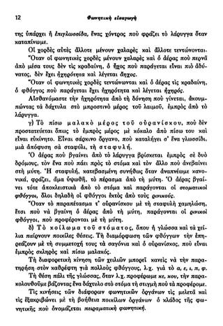 12 Φάτνητική εισαγωγή
της υπάρχει ή έπιγλωσσίδα, ενας χόντρος πού φράζει τό λάρυγγα δταν
καταπίνω με.
Οί χορδές αύτές άλλοτε μένουν χαλαρές καί άλλοτε τεντώνονται.
"Οταν οί φωνητικές χορδές μένουν χαλαρές καί δ αέρας πού περνά
άπό μέσα τους δέν τις κραδαίνη, δ ήχος πού παράγεται είναι πιο αδύ-
νατος, δέν εχει ήχηρότητα καί λέγεται Άηχος.
"Οταν οί φωνητικές χορδές τεντώνωνται καί δ άέρας τις κραδαίνη,
δ φθόγγος πού παράγεται εχει ήχηρότητα καί λέγεται ηχηρός.
ΑΙσθανόμαστε τήν ήχηρότητα άπό τή δόνηση πού γίνεται, άκουμ-
πώντας τά δάχτυλα στό μπροστινό μέρος τού λαιμού, εμπρός άπό τό
λάρυγγα.
γ) Τό πίσω μ α λ α κ ό μ έ ρ ο ς τ ο ύ ο ύ ρ α ν ί σ κ ο υ , πού δέν
προστατεύεται δπως τό εμπρός μέρος μέ κόκαλο άπό πίσω του καί
είναι εύκίνητο. Είναι σάρκινο δργανο, πού καταλήγει σ9
ενα γλωσσίδι,
μιά άπόφυση σά σταφύλι, τή σ τ α φ υ λ ή .
Ό άέρας πού βγαίνει άπό τό λάρυγγα βρίσκεται εμπρός σέ δυο
δρόμους, τον ενα πού πάει πρός τό στόμα καί τον άλλο πού άνεβαίνει
στή μύτη. Ή σταφυλή, κατεβασμένη συνήθως δταν άναπνέωμε κανο-
νικά, φράζει, άμα ύψωθή, τό πέρασμα άπό τή μύτη. Ό άέρας βγαί-
νει τότε άποκλειστικά άπό τό στόμα καί παράγονται οί στοματικοί
<ράόγγοι, δλοι δηλαδή οί φθόγγοι εκτός άπό τούς ρινικούς.
α
Οταν τό παραπέτασμα τ9
ούρανίσκου μέ τή σταφυλή χαμηλώση,
ετσι πού νά βγαίνη δ άέρας άπό τή μύτη, παράγονται οί ρινικοί
φθόγγοι, πού προφέρονται μέ τή μύτη.
δ) Τ ό κ ο ί λ ω μ α τ ο ύ σ τ ό μ α τ ο ς , δπου ή γλώσσα καί τά χεί-
λια παίρνουν ποικίλες θέσεις. Τή διαμόρφωση τών φθόγγων τήν επη-
ρεάζουν μέ τή συμμετοχή τους τά σαγόνια καί δ ούρανίσκος, πού είναι
εμπρός σκληρός καί πίσω μαλακός.
Τή διαφορετική κίνηση τών χειλιών μπορεί κανείς νά τήν παρα-
τηρήση στόν καθρέφτη γιά πολλούς φθόγγους, λ.χ. γιά τό α, ε, ι, π, φ.
Τή θέση πάλι τής γλώσσας, δταν λ.χ. προφέρωμε κε, κου, τήν παρα-
κολουθούμε βάζοντας ενα δάχτυλο στό στόμα τή στιγμή πού τά προφέρομε.
Τις κινήσεις τών διάφορων φωνητικών οργάνων τις μελετά καί
τις εξακριβώνει μέ τή βοήθεια ποικίλων οργάνων δ κλάδος τής φω-
νητικής πού ονομάζεται πειραματική φωνητική.
 