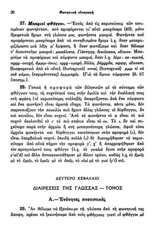 20 Φάτνητική εισαγωγή
27. Μακριοί φΰ>όγγοι. —Έκτος άπό τις περιπτώσεις τών τονι-
σμένων φωνηέντων, πού προφέρονται γι3
αύτό μακρύτερα (40), μόνο
εξαιρετικά εχομε στή γλώσσα μας φωνήεντα μακριά. Φωνήεντα πού
προφέρονται μακρύτερα άπό τά συνηθισμένα εχομε λ.χ. δταν μεταχει-
ριζόμαστε μιά λέξη μ3
έμφαση, ή δταν φωνάζωμε καί δταν θέλωμε
ν3
άκουστούμε μακριά: μααάλιοτα, Γιάννηηη, εεεελαααα, ονονον. Μπο-
ρούμε νά προφέρωμε καί σύμφωνα μακριά, δταν λ.χ. λέμε: σα-σιωπή,
πρρρ-οσοχή, άμμμ-έσως, τρρρ-ομερό, δλλλα, βάρρρδα, πφφφ, οϋσασστ,
(διαφορετικό άπό τό ονστ), (δισταχτικά) ννναί, (δισταχτικά) μμμ τί νά
σον κάμω, (περιμένοντας) εμμμπρός. (Γιά τά δμοια σύμφωνα βλ. 67
ύποσημ.).
28. Γενικά ή π ρ ο φ ο ρ ά τών ελληνικών με τό σύστημα τών
φθόγγων τους, τή συχνότητά τους στήν ομιλία καί τήν εναλλαγή τους
στή φράση (οι περισσότερες συλλαβές άπαρτίζονται άπό ενα σύμφωνο
καί ενα φωνήεν) είναι αρκετά εύηχη. Τά φωνήεντα, πέντε μόνο, δέν
παρουσιάζουν τήν ποικιλία πού έχουν άλλες γλώσσες* ot δίφθογγοι, αν
καί ποικίλοι, δέν είναι συχνοί. 3
Από τά φωνήεντα τό α είναι τό πιο
συχνό* άκολουθει τό ν τό πιο σπάνιο είναι τό ον. To ι, αν καί συ-
χνότερο παρά στήν άρχαία ή στή μεταγενέστερη γλώσσα, άφού τόσα
άρχαια φωνήεντα καί δίφθογγοι ταυτίστηκαν στήν προφορά (ι), δέν
είναι υπερβολικά συχνό, επειδή πολλά (t) δέ διατηρήθηκαν τά περισ-
σότερα άπό αύτά πήραν τήν προφορά y , χ ή άπορροφήθηκαν άπό
τόν προηγούμενο τους φθόγγο (λ.χ. τό γυαλιά εγινε στήν προφορά
γ'αλ'ά) καί άλλα άντικαταστάθηκαν μέ άλλον τρόπο, καθώς λ.χ. τό ημείς
μέ τό εμείς, τό ϋμεις μέ τό ίσείς, τό νιοι μέ τό γιοι (γ'ί) κτλ.
ΔΕΥΤΕΡΟ ΚΕΦΑΛΑΙΟ
ΔΙΑΙΡΕΣΕΙΣ Τ Η Σ Γ Λ Ω Σ Σ Α Σ — Τ Ο Ν Ο Σ
Α.—Ενότητες πνευστικες
29. 91
Αν θέλωμε νά εξετάσωμε τή γλώσσα άπό τή φωνητική της
άποψη, πρέπει νά ξεκινήσωμε άπό τούς φϋόγγονς γιατί οι φθόγγοι μέ
 