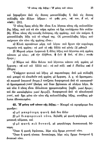 *0 τόνος τής λέξης—Ή φΰση τον τόνου 25
καί ξεχωρίζουν άπό τις άτονες μονοσύλλαβες ή άπό τις άτονες
συλλαβές τών άλλων λέξεων: τό φως μου% νά τον, If ov, τί
κλαις; (31).
Ό τόνος δμως αυτός δέν είναι δ,τι λέγεται τόνος τής πολυσύλλα-
βης λέξης, πού γιά νά τον πάρη πρέπει νά εχη τουλάχιστο δυο συλλα-
βές. Είναι τόνος τής τονικής ενότητας, τής φράσης, πού τον παίρνει ή
μονοσύλλαβη λέξη γιά τό νόημά της. Οι μονοσύλλαβες λέξεις πού
παίρνουν τόν τόνο τής φράσης είναι:
α) Κλιτά προπάντων μέρη τού λόγου πού έχουν τήν κυριότερη
σημασία στή φράση : να μου τό πής (άλλα και αυτός ζή μόνος)'
β) Μερικά μόρια εμφατικά ή άλλες λέξεις πού λέγονται στή φράση
πάντοτε μέ τόνο : μά τήν αλή&εια, ή εγώ f j εσύ, τί λέει ; ποιός
εφυγε ;
γ) Μόρια καί άλλα άκλιτα πού λέγονται κάποτε στή φράση μέ
έμφαση : νά σου πώ (αλλά καί : να σου πώ)> καί ό Παύλος κάί δ
Πέτρος.
Υπάρχουν φυσικά καί λέξεις μέ περισσότερες άπό μιά συλλαβή
πού μπορεί νά ειπωθούν στή φράση μέ έμφαση. Λ. χ. τό ερωτηματι-
κό ποιανού (ποιανού ovoμα ;) τονίζεται διαφορετικά άπό τό καποιανοϋ'
τό ερωτηματικό γιατί (άκόμη και δταν βρίσκεται σέ πλάγιο λόγο, αν
και τότε δ τόνος είναι άλλιώτικα χρωματισμένος [πρβλ. γιατί εφυγε;
καί δέν καταλαβαίνω γιατί εφυγε]), διαφορετικό άπό τό αιτιολογικό
γιατί, πού εχει μόνο τόν τόνο τής πολυσύλλαβης λέξης, συνήθως μά-
λιστα άδυνατισμένο.
40. Ή φύση τοϋ τόνου τής λέξης.— Μπορεί νά προφέρωμε ενα
φωνήεν :
α ) μ έ μ α κ ρ ύ τ ε ρ η φ ω ν ή άπό ενα άλλο·
β ) μ έ δ ι α φ ο ρ ε τ ι κ ό τ ό ν ο , δηλαδή μέ φωνή ψηλότερη στή
μουσική κλίμακα, καί
γ ) μ έ φ ω ν ή π ι ο δ υ ν α τ ή , μέ μεγαλύτερη εκπνευστική δύ-
ναμη.
"Οταν ή φωνή υψώνεται, λέμε πώς εχομε μουσικό τόνο.
"Οταν ή φωνή γίνεται δυνατότερη, λέμε πώς εχομε δυναμικό ή
έντατικό τόνο.
 