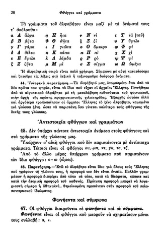 28 Φ&όγγοι και γράμματα
Τα γράμματα του αλφαβήτου είναι μαζί μέ τα ονόματά τους
τ3
ακόλουθα:
α Α αλφα η Η ήτα ν Ν νι χ Τ τά (ταυ)
β Β βήτα & Θ &ήτα ξ Ξ ξι ν Υ νψιλο
y Γ γάμα ι I γιώτα ο Ο δμικρο φ Φ φϊ
δ Δ δέλτα κ Κ κάπα π Π πι χ Χ χι
ε Ε εψιλο λ Λ λάμδα ρ Ρ ρο ψ Ψ ψ ι
ζ Ζ ζήτα μ Μ μι σ Σ σίγμα ω Ω ωμέγα
Ή αλφαβητική σειρά είναι πολύ χρήσιμη. Σύμφωνα μέ αύτή κατατάσσομε
καί ζητούμε τις λέξεις στά λεξικά ή ταξινομούμε διάφορα ονόματα.
44. *Ιστορική παρατήρηση.—Τό αλφάβητο μας, ονομασμένο ετσι άπό τά
δύο πρώτα του ψηφία, είναι τό ίδιο πού είχαν ol άρχαϊοι "Ελληνες. Γεννήθηκε
άπό τό αίγυπτιακό άλφάβητο μέ τή μεσολάβηση πιθανότατα του φοινικικού,
στήν αρχή τής πρώτης προχριστιανικής χιλιετηρίδας. Εξαρχής ώστόσο αλλά
καί αργότερα τροποποίησαν οί άρχαϊοι "Ελληνες τό ξένο άλφάβητο, καμωμένο
γιά γλώσσα ξένη, ώστε νά παριστάνη όσο γίνεται καλύτερα τούς φθόγγους τής
δικής τους γλώσσας.
Αντιστοιχία φθόγγων και γραμμάτων
45. Δέν υπάρχει πάντοτε αντιστοιχία ανάμεσα στούς φθόγγους και
στα γράμματα τής γλώσσας μας.
Υπάρχουν σ9
αύτή φθόγγοι πού δέν παριστάνονται μέ αντίστοιχα
γράμματα. Τέτοιοι είναι οί φθόγγοι ον, ·μπ% ντ, γκ% τσ, τζ.
9
Από τό αλλο μέρος υπάρχουν γράμματα πού παριστάνουν
τον ϊδιο φθόγγο : ο - ω (ώμος).
46. Παρατήρηση.—Ένώ τό άλφάβητο είναι ϊδιο γιά όλους τούς "Έλληνες
πού γράφουν τή γλώσσα τους, ή προφορά του δέν είναι ένιαία. Πολλών γραμ-
μάτων ή προφορά διαφέρει άπό τόπο σέ τόπο, κατά τά Ιδιώματα, κάποτε καί
κατά τήν άτομική προφορά του καθενός. Πρότυπη προφορά μπορεί νά λογα-
ριαστή σήμερα ή αθηναϊκή , θεμελιωμένη προπάντων στήν προφορά του πελο-
ποννησιακού Ιδιώματος.
Φωνήεντα και σύμφωνα
47. Οί φθόγγοι διαιρούνται σέ φωνήεντα καί σέ σύμφωνα.
Φωνήεντα είναι οί φθόγγοι πού μπορούν να σχηματίσουν μόνοι
τους συλλαβή : α, ι.
 