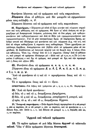 Φωνήεντα xai σύμφωνα—'Αρχικά και τελικά γράμματα 29
Φωνήεντα λέγονται καί τα γράμματα πού τούς παριστάνουν.
Σύμφωνα έΐναι οί φ θ ό γ γ ο ι πού δέν μπορούν νά σχηματίσουν
μόνοι τους συλλαβή : π,
Σ ύ μ φ ω ν α λέγονται καί τα γράμματα πού τούς παριστάνουν.
48. Παρατήρηση.—Σύμφωνα μέ αυτά ot δροι φωνήεν καί σύμφωνο σημαί-
νουν καί τούς φθόγγους καί τά γράμματα. Θα ήταν γι' αυτό ανάγκη νά τά ξε-
χωρίζωμε μέ διαφορετικά ονόματα, μιλώντας άπό τό ενα μέρος γιά «φ&ογγο-
φωνήεντα» καί «φ&ογγοσνμφωνα» καί άπό τό άλλο γιά €γραμματοφωνήεντα» καί
•γραμματοσνμφωνα». Γιά νά μήν καταφεύγωμε δμως σέ παρόμοιους δρους, μι-
λούμε γενικά καί άδιάφορα γιά φωνήεντα καί γιά σύμφωνα (λ.χ. «τό α»), καί
άπό τό νόημα καθορίζεται ή σημασία τους καθαρότερα. "Οταν χρειάζεται με-
γαλύτερη άκρίβεια, άναγράφονται στό βιβλίο αυτό τά γράμματα μέσα σέ πα-
ρένθεση (ή άποδίνονται μέ λατινικά ψηφία) γιά νά δειχτή πώς ό λόγος είναι
γιά φθόγγους. "Έτσι λ.χ. «υσιερ* άπό τό ( ι )» σημαίνει «ΰστερ' άπό τό φθόγγο
ι», πού μπορεί νά γράφεται άδιάφορα μέ ι άλλά καί μέ η,ει,οι,νι.Τό (σ) ση-
μαίνει ό φθόγγος σ καί δχι τό γράμμα, πού μπορεί νά εχη καί τήν προφορά
του ζ, δπως στό σβήνω (69).
4 9 . Φωνήεντα είναι τά γράμματα α, e, η, ι, ο, ν , ω .
Σύμφωνα είναι τα γράμματα Β, y, δ, Ζ, Η, λ, μ, ν, π , ρ,
ο ή ς, τ, φ , Χ, ψ .
Ά π ό τά φωνήεντα τό η καί τό ν προφέρονται δπως καί τό ι :
νίκη, ννί.
Τό ω προφέρεται δπως καί τό ο : ώμος.
ΟΡΘΟΓΡΑΦΙΑ.—Γιά λέξεις πού γράφονται μέ η} ju, ο, ω, βλ. Παράρτημα.
5 0 . Ά π ό τά εφτά φ ω ν ή ε ν τ α :
α) δύο, τό ε καί τό ο, ονομάζονται βραχύχρονα,
β) δύο, τό η καί τό ω, δνομάζονται μακρόχρονα ή μακριά, καί
γ) τρία, τό α, τό ι καί τό ν, δνομάζονται δίχρονα.
51.β
Ιστορική τταρατήρηση.—Στήν αρχαία εποχή προφερόταν τό η σά μακρύ
ε, σαν εε περίπου, τό ω σά μακρύ ο, σάν οο περίπου, καί τά φωνήεντα α, ι, ν
άλλοτε ετσι, σάν απλά α, ι, ν, καί άλλοτε σά μακριά α, t, ν, δηλαδή σάν αα,
u, νν περίπου.
'Αρχικά καί τελικά γράμματα
5 2 . Τό πρώτο γράμμα σέ μιά λέξη λέγεται Αρχικό* τό τελευταίο
τελικό. "Ολα τ9
άλλα γράμματα λέγονται έσωτερικά.
 