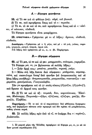Τελικά συμφωνά—Διπλά γράμματα—Δίψηφα 31
Α.— Δίψηφα φωνήεντα
58· α) Τό ου για τό φθόγγο (ον) : ουρά, τον βοννον.
β) Τό αι, πού προφέρεται δπως και τό ε : σημαίες.
γ) To et, τό οι και τό tu, πού προφέρονται δπως κα! τό ι : κλεί-
νει, οί κάτοικοι, νΐο&ετώ.
Τα δίψηφα φωνήεντα είναι μακρόχρονα.
59. ΟΡΘΟΓΡΑΦΙΑ.- Γράφονται μέ νι οί λέξεις : αρπνια, νϊο&ετώ,
νΐο&εσία.
Διασάφηση.—Γράφονται μέ υ ή μνγα, καί μέ ι τά γιος, γιόκας, παρα·
yitfff, ψνχογιός, μητριά, πατριός, όργια κτλ.
Γιά λέξεις πού γράφονται μέ at, et, ot βλ. Παράρτημα.
Β.— Δίψηφα σύμφωνα
60· α) Τό μ π , τό ντ και τό yx : μπαρμπούνι, ντύνομαι, γκρεμίζω.
Τά δίψηφα μη, ντ, γκ βρίσκονται σέ πολλές λέξεις :
1.— Στήν άρχή τους: μπαίνω, μπαονλο, ντροπή, γκέμι.
2.— Μέσα στή λέξη επειτα άπό σύμφωνο: μπάρμπας, καμπαρ-
ντ/να, και σπανιότερα ΰστερ'άπό φωνήεν (σέ ονοματοποιίες και σέ
ξένες λέξεις συνήθως) : άναμπονμπούλα, μπαμπούλας, νταντανίζω —κα-
ραμπίνα, ρεπούμπλικα, Γιονγκοσλαβία.
Σάν γκ προφέρεται και τό γγ στούς τύπους (έ)γγίζω, (έ)γγόνι(ι
),
πού Ιχασαν τό αρχικό τους φωνήεν.
61· β) Τό τσ και τό τζ : τσιμπώ, %τσι, κοριτσίστικος, *Ελενί-
τσα, Μπότσαρης, Τσιμισκής—τζάμι, τζίτζικας, τζίτζιφο, χατζής, Κα-
ρατζάς, Τζαβέλας.
Παρατήρηση.— Τό τσ καί τό τζ παριστάνουν δυό φθόγγους διαφορετι-
κούς, πού ξεχωρίζουν πάντοτε στήν προφορά καί δέν πρέπει νά μπερδεύονται,
καθώς γίνεται συχνά.
62. Σέ πολλές λέξεις πριν άπό τό τζ, τσ υπάρχει ίνα ν: νεράντζι,
βιολοντσέλο.
1. Σέ μερικά μέρη τής Ελλάδας προφέρουν τά δίψηφα μη, ντ, γκ σά νά
ήταν ρινικά συμπλέγματα (71).
 