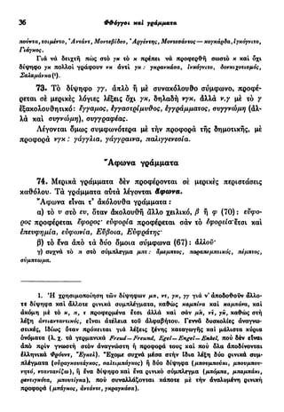 36 Φ&όγγοι xai γράμματα
πούντα, τσιμέντο, Άντάντ, Μοντεβίδεο, Άργέντης, Μοντεοάντος — κογκάρδα, ίγκόγνιτο,
Γιάγκος.
Γιά νά δείχτη πώς στό γκ τό κ πρέπει νά προφερθή σωστό κ και δχι
δίψηφο γκ πολλοί γράφουν νκ αντί γκ : γκρανκάοα, ίνκόγνιτο, δονκιχοτιομός,
Σαλαμάνκα t1
).
73· Τό δίψηφο γγ, απλό ή μέ συνακόλουθο σύμφωνο, προφέ-
ρεται σέ μερικές λόγιες λέξεις δχι γκ, δηλαδή νγκ, άλλα ν.γ μέ τό γ
εξακολουθητικό: έγγαμος, έγγαστρίμν&ος, εγγράμματος, συγγνώμη (άλ-
λα και συγνώμη), συγγραφέας.
ΛέγονΓαι δμως συμφωνότερα μέ τήν προφορά τής δημοτικής, μέ
προφορά νγκ : γάγγλια, γάγγραινα, παλιγγενεσία.
"Αφωνα γράμματα
74. Μερικά γράμματα δέν προφέρονται σέ μερικές περιστάσεις
καθόλου. Τά γράμματα αυτά λέγονται άφωνα.
"Αφωνα είναι τ9
άκόλουθα γράμματα :
α) τό ν στό ευ, δταν άκολουθή άλλο χειλικό, β ή φ (70) : εύφο-
ρος προφέρεται έφορος' ευφορία προφέρεται σάν τό φορεία'ετσι και
επευφημία, ενφωνία, Εύβοια, Ευφράτης'
β) τό ενα άπό τά δύο δμοια σύμφωνα (67) : άλλον'
γ) συχνά τό π στό σύμπλεγμα μπτ : αμεμπτος, παραπεμπτικός, πέμπτος,
σύμπτωμα.
1. Ή χρησιμοποίηση τών δίψηφων μπ, ντ, γκ, γγ γιά ν* αποδοθούν άλλο-
τε δίψηφα καί άλ?.οτε ρινικά συμπλέγματα, καθώς καμπίνα καί καμπάνα, καί
άκόμη μέ τό κ, π, τ προφερμένα ετσι άλλά καί σάν μπ, ντ, γκ, καθώς στή
λέξη αντιανταντικός, είναι άτελεια του αλφαβήτου. Γεννά δυσκολίες άναγνω-
στικές, Ιδίως δταν πρόκειται γιά λέξεις ξένης καταγωγής καί μάλιστα κύρια
ονόματα (λ. χ. τά γερμανικά Fretui—Freund, Egel—Engel—Enkel, πού δέν είναι
άπό πριν γνωστή στόν άναγνώστη ή προφορά τους καί πού δλα άποδίνονται
έλληνικά Φρόυντ, "Εγκελ). "Έχομε συχνά μέσα στήν ίδια λέξη δύο ρινικά συμ-
πλέγματα (ούραγκουτάγκος, σαλτιμπάγκος) ή δύο δίψηφα (μπουμπούκι, μπουμπου-
νητό, νταντανίζω), ή ενα δίψηφο καί ενα ρινικό σύμπλεγμα (μπόμπα, μπαμπάκι,
ρεντιγκότα, μποντίγκα), πού συναλλάζονται κάποτε μέ τήν άναλυμένη ρινική
προφορά (μπάγκος, άντάντε, γκραγκάσα).
 