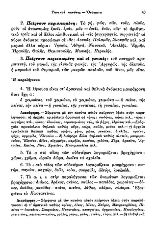 Τονικοί κανόνες—*Ονόματα 43
2. Παίρνουν περισπωμένη : Τό γη, φως, παν, νους, πλους,
ρους· οι αντωνυμίες έμεϊς, εμας, μας — εσείς, εσας, σας* τό αριθμη-
τικό τρεις και οί άλλοι πληθυντικοί σε -εις (συγγραφείς, συγγενείς)* τα
κΰρια ονόματα προσώπων σέ -ας; Λουκάς, Παλαμάς, Σκουφάς κτλ. και
μερικά άλλα κύρια: Ίησοϋς, 9
Αθηνά, Ναυσικά, 'Απελλής, Έρμης,
Ηρακλής, Θαλής, Θεμιστοκλής, Μωυσής, Περικλής.
3. Παίρνουν περισπωμένη xal ot γενικές : του πονηρού πρα-
ματευτή, του ψωμά, τής γλυκιάς φωνής, τής Άργυρώς, τής αλεπούς,
ή μυρωδιά τοϋ θυμαριού, τών μικρών παιδιών, σοϋ δίνω, μας είπε.
Ή παραλήγουσα
4. Ή λήγουσα είναι στ9
αρσενικά και θηλυκά ονόματα μακρόχρονη
δταν εχη α :
δ χειμώνας, τοϋ χειμώνα, το χειμώνα, χειμώνα — ή πείνα, τής
πείνας, τήν πείνα — ή γυναίκα, τής γυναίκας, τή γυναίκα, γυναίκα.
Διασάφηση.—Σύμφωνα μέ ιόν κανόνα αύτόν παίρνουν όξεία στήν παρα-
λήγουσα: α) άρχαΐα τριτόκλιτα αρσενικά σέ -ήνας ; σωλήνας, μήνας κτλ., -ήρας :
κλητήρας κτλ., -ώνας : ελαιώνας, περιστεριώνας κτλ., τό βήχας, ιδρώτας κτλ.—β) αρ-
χαία πρωτόκλιτα θηλυκά καθώς αϋρα, πείρα, παύλα, μούσα κτλ.— γ) άρχαϊα
τριτόκλιτα θηλυκά καθώς σφήνα, χήνα, ρώγα, γυναίκα, δικλίδα, προίκα,
•ψίχα, σφραγίδα,3
Ελευσίνα — δ) διάφορα άλλα θηλυκά καθώς πλατεία, μαυρομα-
τούσα J *Ελεούσα, άξίνα, πλημμύρα, καμήλα, σκούπα, χελώνα, Σύρα, άραπίνα, *Αρ-
τοτίνα, Κατίνα, JVıVa, Χριστίνα, Μπουμπουλίνα κτλ.
5. Τό α στό τέλος τών ούδετέρων λογαριάζεται βραχύχρονο :
χώμα, χρήμα, ώραϊα δώρα, εκείνα τά σχολεία.
6. Τό ι στό τέλος τών ούδετέρων λογαριάζεται μακρόχρονο: πο-
τήρι, παγώνι, μαχαίρι, δείλι, νοίκι, σουραύλι, αλεύρι, λουλούδι.
7. Τό α> ι, υ στήν παραλήγουσα τών ονομάτων λογαριάζεται
βραχύχρονο : διάκος, δράκος, σκίνος, σκύλος — παπάδες, χωριάτες — δί-
κες, οκάδες, μανάδες—πιάτο, κινίνο, λάθος, κλάμα, πλάσμα. Εξαι-
ρείται τό Κωσταντινος.
Διασάφηση.—Σύμφωνα μέ τόν κανόνα αύτόν παίρνουν όξεία στήν παραλή-
γουσα : α) τ* αρσενικά καθώς κρίνος, Αίνος, Νίκος, Σπύρος, Μαυροκορδάτος, Πι-
πίνος — επιστάτες, Σπαρτιάτες, Μυκονιάτες, σπουργίτες, ερημοσπίτες, ΜεσολογγΙτες,
μεγιστάνες, παιάνες — σπίνος, γρύλος, γύρος, μύλος, στύλος, τύφος κτλ.— β) τά θηλυκά
 