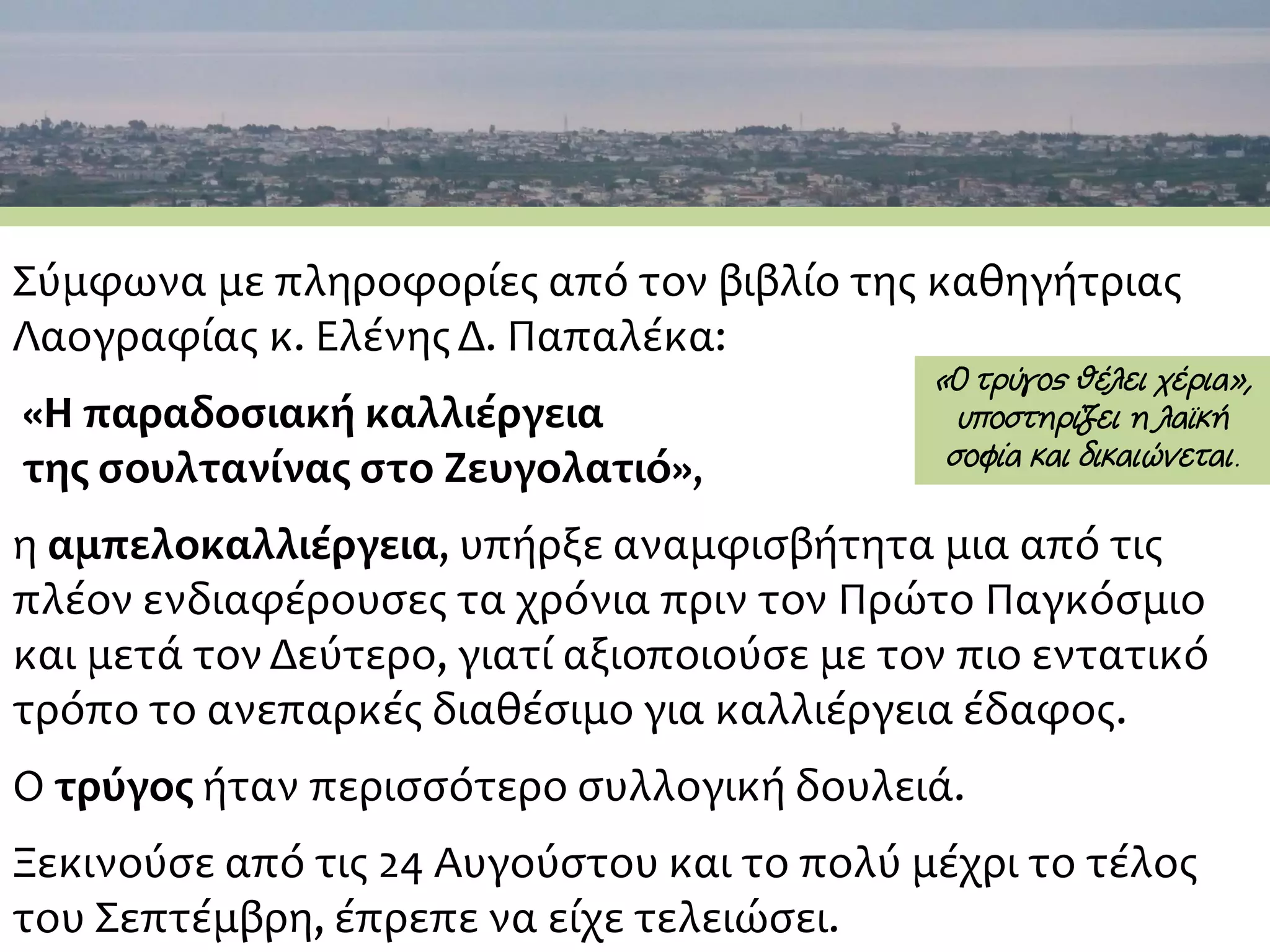 Σύμφωνα με πληροφορίες από τον βιβλίο της καθηγήτριας
Λαογραφίας κ. ΕλένηςΔ. Παπαλέκα:
«Η παραδοσιακή καλλιέργεια
της σουλτανίνας στο Ζευγολατιό»,
η αμπελοκαλλιέργεια, υπήρξε αναμφισβήτητα μια από τις
πλέον ενδιαφέρουσες τα χρόνια πριν τον Πρώτο Παγκόσμιο
και μετά τον Δεύτερο, γιατί αξιοποιούσε με τον πιο εντατικό
τρόπο το ανεπαρκές διαθέσιμο για καλλιέργεια έδαφος.
O τρύγος ήταν περισσότερο συλλογική δουλειά.
Ξεκινούσε από τις 24 Αυγούστου και το πολύ μέχρι το τέλος
του Σεπτέμβρη, έπρεπε να είχε τελειώσει.
«Ο τρύγος θέλει χέρια»,
υποστηρίζει η λαϊκή
σοφία και δικαιώνεται.
 
