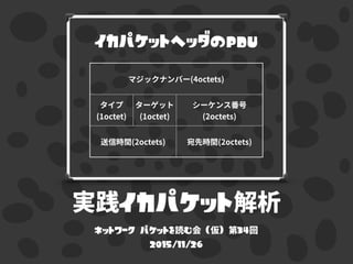 やメらレイカレフてPDU
実践イカパケット解析
ネットワーク パケットを読む会 (仮) 第34回
2015/11/26
 
