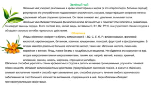 Облепиха
Ягоды облепихи невероятно богаты витаминами B1, B2, C, E, K, P; флавоноидами, фолиевой
кислотой, каротиноидами, бетаином, холином, кумаринами, глюкозой, фруктозой и фосфолипидами. В
ягодах имеется довольно большое количество кислот, таких как: яблочная кислота, лимонная,
кофейная и винная. Ягоды также богаты и на дубильные вещества. Не обделена эта скромная на вид
ягодка макроэлементами и микроэлементами, такими как: натрий, магний, железо, кремний,
алюминий, свинец, никель, марганец, стронций и молибден.
Зелёный чай
Зеленый чай ускоряет разложение в крови холестерина и жиров (а это атеросклероз, болезни сердца);
регулярное его употребление поддерживает эластичность сосудов, предотвращает ожирение печени,
сдерживает общее старение организма. Он также снижает вес, давление, вымывает соли.
Зелёный чай обладает большей физиологической активностью и помогает при гепатите и ревматизме,
Облепиха способна укреплять стенки кровеносных сосудов и делать их менее проницаемыми, улучшать тканевой
обмен веществ, обладает антиоксидантным действием (предупреждает окисление тканей, а значит и старение),
снимает воспаление тканей и способствует заживлению ран, способна улучшить течение любого хронического
заболевания за счет большого количества витаминов, содержащихся в ней. Кора облепихи обладает
противоопухолевыми свойствами.
тонизирует мышцы сердца. В его составе йод, калий, медь, витамины С, В1, В2, РР, К, они укрепляют стенки сосудов и
обладают сильным антибактериальным действием.
 