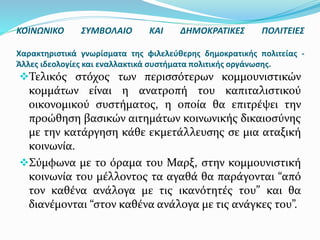 Τελικός στόχος των περισσότερων κομμουνιστικών
κομμάτων είναι η ανατροπή του καπιταλιστικού
οικονομικού συστήματος, η οποία θα επιτρέψει την
προώθηση βασικών αιτημάτων κοινωνικής δικαιοσύνης
με την κατάργηση κάθε εκμετάλλευσης σε μια αταξική
κοινωνία.
Σύμφωνα με το όραμα του Μαρξ, στην κομμουνιστική
κοινωνία του μέλλοντος τα αγαθά θα παράγονται “από
τον καθένα ανάλογα με τις ικανότητές του” και θα
διανέμονται “στον καθένα ανάλογα με τις ανάγκες του”.
ΚΟΙΝΩΝΙΚΟ ΣΥΜΒΟΛΑΙΟ ΚΑΙ ΔΗΜΟΚΡΑΤΙΚΕΣ ΠΟΛΙΤΕΙΕΣ
Χαρακτηριστικά γνωρίσματα της φιλελεύθερης δημοκρατικής πολιτείας -
Άλλες ιδεολογίες και εναλλακτικά συστήματα πολιτικής οργάνωσης.
 