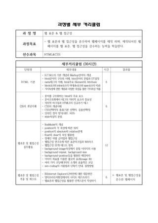 과정별 세부 커리큘럼
과 정 명 웹 표준 & 웹 접근성
과정목표
- 웹 표준과 웹 접근성을 준수하여 웹페이지를 제작 하며, 제작되어진 웹
페이지를 웹 표준, 웹 접근성을 감수하는 능력을 학습한다.
선수과목 HTML&CSS
세부커리큘럼 (30시간)
단원명 세부내용 시간 결과물
HTML 기본
- H.T.M.L의 기본 개념과 Markup언어의 개념
- html문서의 구조와 이해, htm언어의 문법과 DT설정
- meta태그의 이해, html주요 Element와 Attribute
- block요소와 inline요소의 차이(div요소와 span요소의 비교)
- 가시속성에 관한 개념과 다양한 속성을 통한 가시속성 적용
6
CSS의 개념이해
- 문서를 구조화하는 html의 주요 요소
- 문서구조화에서 태그의 의미적 요소의 중요성
- 의미적 마크업과 HTML5의 신규추가 태그
- CSS의 개념이해
- CSS선택자의 종류(기본 선택자, 응용선택자)
- 인라인 정의 방식(내부, 외부)
- style속성의 분류
6
웹표준 및 웹접근성
실무활용
- BoxModel의 개념
- position의 각 속성에 따른 위치
- position의 absolute와 relative관계
- float와 clear의 속성 활용법
- 장애인 차별 금지법과 웹접근성
- 웹접근성 연구소에 따른 표준마크업과 WA마크
- 웹접근성 22개 테스트 항목
- background-image속성에서 중첩 이미지의 사용
- background-repeat, background-size
- background-position등을 활용한 배경처리
- 이미지 좌표를 이용한 롤오버 효과(image IR)
- 여러 가지 코딩에디터의 소개와 효율적인 코딩
- zen-coding의 사용법과 단축키 안내, 설정방법
12
웹표준 및 웹접근성
적용 및 테스트
- IE(Internet Explorer)구버전에 대한 대응방안
- 멀티브라우저환경에서의 사이트 테스트하기
- 웹표준과 웹접근성을 활용한 인덱스문서 작성하기
6
ㅇ 웹표준 및 웹접근성을
준수한 웹페이지
 