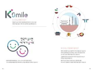 02 03
해마다 천만명이 넘는 관광객이 우리나라를 찾고 있습니다.
하지만 관광객을 많이 유치하는 것보다 더욱 중요한 것은
다시 찾고 싶은 대한민국을 만드는 일입니다.
그들에게 한국의 첫인상이자 이미지가 될 당신의 미소가
무엇보다 중요한 때입니다.
환한 미소로 건네는 인사만으로도 관광객은 물론
우리 모두가 행복하고 친절한 대한민국을 만들 수 있습니다.
왜 우리는 친절해야 할까요?
친절과 미소로 외국인 관광객을 맞이하여 다시 찾고 싶은
대한민국을 만들기 위한 국민 참여형 친절 캠페인입니다.
K스마일 캠페인이란?
(재)한국방문위원회에서는 ‘2016-2018 한국 방문의 해’와
‘2018 평창동계올림픽’을 대비하여 K스마일 캠페인을 전개하고 있습니다.
 