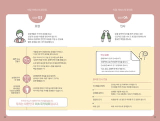 식당 서비스의 포인트 식당 서비스의 포인트
08 09
표정
STEP 03
관광객들은 우리의 표정을 보고
친절과 상냥한 마음을 판단하게 됩니다.
따라서 관광객이 편안한 마음을 가질 수 있도록
밝은 표정을 갖는 것이 중요합니다.
인사
STEP 04
눈을 맞추며 인사를 먼저 건네는 것은
인간적인 정을 나누고 호감을 표현하는데
중요한 역할을 합니다.
인사는 바로 선 자세에서 시작합니다.
인사말을 먼저 건네고 허리를 숙입니다.
인사말을 건넨다
올바른 인사 연출
상체를 굽힌다
천천히 든다
바로 선다
상체를 가볍게 숙입니다.
목례는 15도 보통례는 30도가 적절합니다.
숙였을 때 1초 정도의 여유를 주고 천천히 듭니다.
바로 서서 미소로 응대합니다.
예쁜 미소
만들기
상대방과의
눈 맞춤
상대방을
바라보는
시선과 상체의
방향 맞추기
· 상대방에게 관심을 갖고 있으며,
상대방의 말에 귀를 기울이고 있다는
표현 방법입니다.
· 상대방을 향하고 어깨 높이를 맞춤으로써
적극적인 마음 자세를 표현할 수 있습니다.
· 거울을 보며 다양한 웃는 표정을 지어보고
그 중 가장 멋진 표정을 찾아냅니다.
· 항상 의식적으로 양볼 입 꼬리를 살짝 올려
‘긍정적 마음’이라는 표현의 메시지를 보냅니다.
· 눈과 입이 동시에 웃고 있는지 등을 확인합니다.
· 가장 멋진 표정일 때의 느낌을 떠올리며
매일 연습합니다.
우리의 미소가 대한민국의 가치를 높입니다.
우리는 대한민국 미소국가대표입니다.
인사 요령
· 관광객보다 먼저 인사합니다.
· 관광객의 눈을 바라보며 인사를 합니다.
· 인사말은 빠르지 않고 분명하게 합니다.
· 시간, 장소, 상황에 맞게 인사합니다.
* 앉아 있을 때 관광객이 다가오면 자리에서 일어나 인사합니다.
 