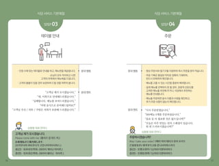 식당 서비스 기본예절 식당 서비스 기본예절
16 17
테이블 안내
STEP 03
응대 행동
응대 멘트
· 인원 수에 맞는 테이블로 안내를 하고, 메뉴판을 제공합니다.
· 손님이 모두 착석하고 나면
고객의 우측에서 메뉴북을 드립니다.
· 고객의 물품이 있을 경우 보관하여 드릴 것을 여쭈어 봅니다.
“고객님 제가 모시겠습니다.”
“네, 이쪽으로 안내해드리겠습니다.”
“실례합니다. 메뉴를 보여드리겠습니다.”
“어떤 음식으로 준비해드릴까요?”
“고객님 우산 / 외투 / 가방은 저희가 보관해 드리겠습니다.”
주문
STEP 04
응대 행동
응대 멘트
· 항상 주문서와 필기구를 지참하여 즉시 주문을 받아 적습니다.
· 주문 기록은 통일된 약자로 정확히 기재하여,
반드시 반복하여 확인합니다.
· 메뉴를 고를 수 있는 시간을 충분히 배려합니다.
· 쉽게 메뉴를 선택하지 못 할 경우, 관광객 선호도를
고려한 메뉴를 추천해 주거나, 식당에서 추천하는
메뉴를 안내합니다.
· 메뉴를 주문하면 음식 이름과 수량을 확인하고,
추가 주문 사항이 없는지 확인합니다.
“식사 주문받겠습니다.”
“000메뉴 0개를 주문하셨습니다.”
“음료 등 더 필요한 것은 없으십니까?”
“오늘은 아주 맛있는 런치 스페셜이 있습니다.
한 번 드셔보시겠습니까?”
상황별 회화 한마디
상황별 회화 한마디
고객님 제가 모시겠습니다.
Please come with me. (플리즈 컴 위드 미.)
お客様私がご案内致します。
(오캬쿠사마 와타쿠시가 고안나이이타시마스.)
중(간) - 我来给您带路。(워라이 게이닌 따이루.)
중(번) - 我来爲您帶路。(워라이 웨이닌 따이루.)
주문하시겠습니까?
May I take your order? (메이 아이 테이크 유어 오더?)
ご注文なさいますか?(고츄-몬나사이마스까?)
중(간) - 您要点菜吗？(닌야오디엔차이마?)
중(번) - 您要點菜嗎？(닌야오디엔차이마?)
 