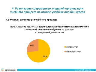 4. Реализация современных моделей организации
учебного процесса на основе учебных онлайн-курсов
4.1 Модели организации учебного процесса
73%
27%
используют
не используют
Использование педагогами дистанционных образовательных технологий и
технологий смешанного обучения на уроках и
во внеурочной деятельности
29
 