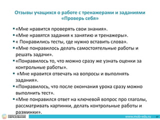 Отзывы учащихся о работе с тренажерами и заданиями
«Проверь себя»
«Мне нравится проверять свои знания».
«Мне нравятся задания к занятию и тренажеры».
« Понравились тесты, где нужно вставить слова».
«Мне понравилось делать самостоятельные работы и
решать задачи».
«Понравилось то, что можно сразу же узнать оценки за
контрольные работы».
 «Мне нравится отвечать на вопросы и выполнять
задания».
«Понравилось, что после окончания урока сразу можно
выполнить тест».
«Мне понравился ответ на ключевой вопрос про глаголы,
рассматривать картинки, делать контрольные работы и
разминки».
57
 