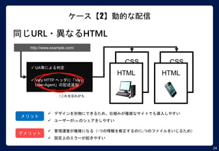 24
ケース【2】動的な配信
同じURL・異なるHTML
メリット
デメリット
CSS
HTML
http://www.example.com/
 デザインを別物にできるため、仕組みが複雑なサイトでも導入しやすい
 ユーザーがURLのシェアをしやすい
 管理運営が複雑になる（1つの情報を修正するのに2つのファイルをいじるため）
 設定上のエラーが起きやすい
 UA等による判定
CSS
HTML
↑これを忘れがち…
 Vary HTTP ヘッダに「Vary:
User-Agent」の記述追加
 