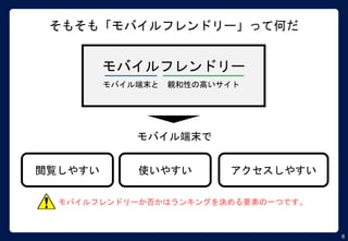 6
そもそも「モバイルフレンドリー」って何だ
モバイルフレンドリー
モバイル端末と 親和性の高いサイト
モバイル端末で
閲覧しやすい 使いやすい アクセスしやすい
モバイルフレンドリーか否かはランキングを決める要素の一つです。
 