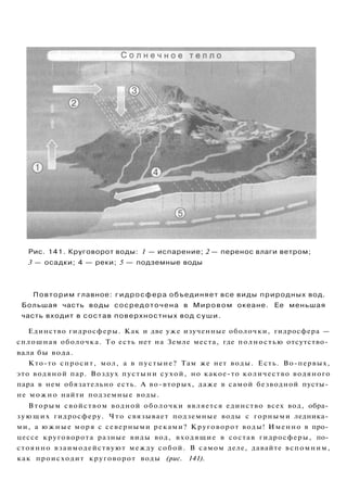 Рис. 141. Круговорот воды: 1 — испарение; 2 — перенос влаги ветром;
3 — осадки; 4 — реки; 5 — подземные воды
Повторим главное: гидросфера объединяет все виды природных вод.
Большая часть воды сосредоточена в Мировом океане. Ее меньшая
часть входит в состав поверхностных вод суши.
Единство гидросферы. Как и две уже изученные оболочки, гидросфера —
сплошная оболочка. То есть нет на Земле места, где полностью отсутство­
вала бы вода.
Кто-то спросит, мол, а в пустыне? Там же нет воды. Есть. Во-первых,
это водяной пар. Воздух пустыни сухой, но какое-то количество водяного
пара в нем обязательно есть. А во-вторых, даже в самой безводной пусты­
не можно найти подземные воды.
Вторым свойством водной оболочки является единство всех вод, обра­
з у ю щ и х гидросферу. Что связывает подземные воды с горными ледника­
ми, а ю ж н ы е моря с северными реками? Круговорот воды! Именно в про­
цессе круговорота разные виды вод, входящие в состав гидросферы, по­
стоянно взаимодействуют между собой. В самом деле, давайте вспомним,
как происходит круговорот воды (рис. 141).
 