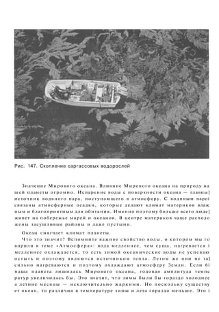 Рис. 147. Скопление саргассовых водорослей
Значение Мирового океана. Влияние Мирового океана на природу на
шей планеты огромно. Испарение воды с поверхности океана — главны]
источник водяного пара, поступающего в атмосферу. С водяным napoi
связаны атмосферные осадки, которые делают климат материков влаж
ным и благоприятным для обитания. Именно поэтому больше всего люде]
живет на побережье морей и океанов. В центре материков чаще располо
жены засушливые районы и даже пустыни.
Океан смягчает климат планеты.
Что это значит? Вспомните важное свойство воды, о котором мы го
ворили в теме « А т м о с ф е р а » : вода медленнее, чем суша, нагревается i
медленнее охлаждается, то есть зимой океанические воды не успеваю
остыть и поэтому являются источником тепла. Летом же они не та]
сильно нагреваются и поэтому охлаждают атмосферу Земли. Если 6i
наша планета лишилась Мирового океана, годовая амплитуда темпе
ратур увеличилась бы. Это значит, что зимы были бы гораздо холоднее
а летние месяцы — исключительно ж а р к и м и . Но поскольку существу
ет океан, то различия в температуре зимы и лета гораздо меньше. Это i
 