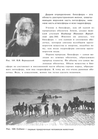 Дадим определение: биосфера — это
область распространения жизни, охваты­
вающая верхнюю часть литосферы, ниж­
нюю часть атмосферы и всю гидросферу.
Учение о биосфере, как об одной из
природных оболочек Земли, создал вели­
кий ученый Владимир Иванович Вернад­
ский (рис.168). Именно он доказал, что
биосфера — это единая и сплошная обо­
лочка, которая связана всеобщим круго­
воротом вещества и энергии, подобно то­
му, как воды гидросферы связаны круго­
воротом воды.
Охрана природы. Биосфера — самая мо­
лодая из земных оболочек, образующих
Рис. 168. В.И. Вернадский природу планеты. По объему это самая ма­
ленькая оболочка. Объем вещества в био­
сфере не составляет и миллионной части объема горных пород, образую­
щих литосферу, или вод гидросферы. К тому же это очень ранимая обо­
лочка. Ведь, к сожалению, живое так легко сделать неживым.
Рис. 169. Собаки — первые прирученные человеком животные
 