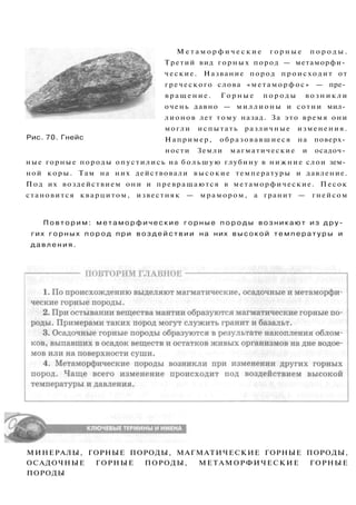 Рис. 70. Гнейс
М е т а м о р ф и ч е с к и е г о р н ы е п о р о д ы .
Третий вид горных пород — метаморфи­
ческие. Название пород происходит от
греческого слова « м е т а м о р ф о с » — пре­
в р а щ е н и е . Г о р н ы е п о р о д ы в о з н и к л и
очень давно — миллионы и сотни мил­
лионов лет тому назад. За это время они
могли испытать различные изменения.
Например, образовавшиеся на поверх­
ности Земли магматические и осадоч­
ные горные породы опустились на б о л ь ш у ю глубину в нижние слои зем­
ной к о р ы . Там на них действовали высокие температуры и давление.
Под их воздействием они и превращаются в метаморфические. Песок
становится кварцитом, известняк — мрамором, а гранит — гнейсом
П о в т о р и м : м е т а м о р ф и ч е с к и е г о р н ы е п о р о д ы в о з н и к а ю т и з д р у ­
гих г о р н ы х п о р о д п р и в о з д е й с т в и и на них в ы с о к о й т е м п е р а т у р ы и
д а в л е н и я .
МИНЕРАЛЫ, ГОРНЫЕ ПОРОДЫ, МАГМАТИЧЕСКИЕ ГОРНЫЕ ПОРОДЫ,
ОСАДОЧНЫЕ ГОРНЫЕ ПОРОДЫ, МЕТАМОРФИЧЕСКИЕ ГОРНЫЕ
ПОРОДЫ
 