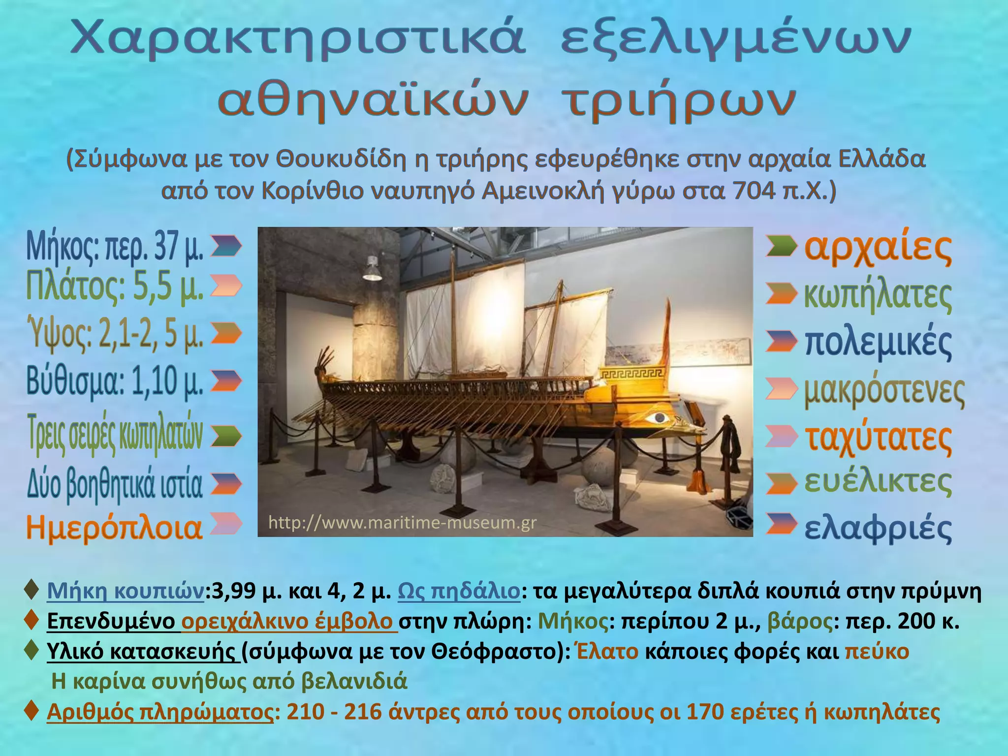  Μήκη κουπιών:3,99 μ. και 4, 2 μ. Ως πηδάλιο: τα μεγαλύτερα διπλά κουπιά στην πρύμνη
 Επενδυμένο ορειχάλκινο έμβολο στην πλώρη: Μήκος: περίπου 2 μ., βάρος: περ. 200 κ.
 Υλικό κατασκευής (σύμφωνα με τον Θεόφραστο): Έλατο κάποιες φορές και πεύκο
Η καρίνα συνήθως από βελανιδιά
 Αριθμός πληρώματος: 210 - 216 άντρες από τους οποίους οι 170 ερέτες ή κωπηλάτες
http://www.maritime-museum.gr
 