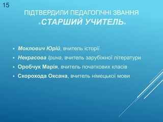ПІДТВЕРДИЛИ ПЕДАГОГІЧНІ ЗВАННЯ
«CТАРШИЙ УЧИТЕЛЬ»
 Моклович Юрій, вчитель історії
 Некрасова Ірина, вчитель зарубіжної літератури
 Оробчук Марія, вчитель початкових класів
 Скорохода Оксана, вчитель німецької мови
15
 