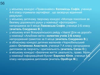 • у міському конкурсі «Правознайко» Коломієць Софія, учениця
4-А класу отримала сертифікат , що засвідчує відмінний
результат;
• у міському дитячому творчому конкурсі «Молоде покоління за
безпеку дорожнього руху» у номінації «фотографія»
нагороджена за ІІ місце Лажовська Софія, учениця 2-Б класу
(вчитель Сокуренко В.);
• у міському етапі Всеукраїнського рейду «Увага! Діти на дорозі!»
у номінації «Альбоми-звіти» колектив учнів 2-Б класу
нагороджений грамотою за ІІ місце (вчитель Сокуренко В.);
• в обласному конкурсі дитячих малюнків «Чорнобильський
дзвін» Остапенко Анастасія, учениця 7-А класу нагороджена
дипломом за творчість і оригінальність (вчитель Саган О.);
• в міському конкурсі «Безпечне життя: реальність, право. Мрія»
у номінації інформаційний буклет Барилко Юлія, учениця 9-Б
класу нагороджена дипломом (вчитель Оробчук М.);
56
 