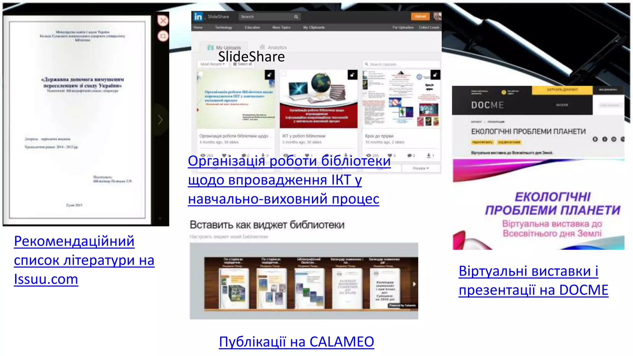 Рекомендаційний
список літератури на
Issuu.com
Організація роботи бібліотеки
щодо впровадження ІКТ у
навчально-виховний процес
SlideShare
Публікації на CALAMEO
Віртуальні виставки і
презентації на DOCME
 