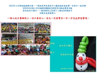 2015年七月開始跑偏鄉行程，一開始是拜託家扶中心讓我過去說故事，和孩子一起同樂
2016年6月趁工作空檔展開鳳凰花開夏季行動故事車活動
原本設定六場次，一個星期馬上約滿十二場近500個孩子
活動完成我超開心
一個人的力量雖然小，但只要有心，老天一定會幫你一步一步完成夢想實現。
 