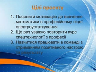 1. Посилити мотивацію до вивчення
математики в професійному ліцеї
електроустаткування
2. Ще раз уважно повторити курс
спецтехнології з професії
3. Навчитися працювати в команді з
отриманням позитивного настрою
та результату
 