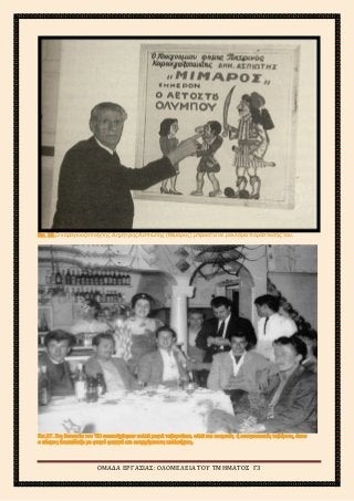 2ο
ΓΥΜΝΑΣΙΟ ΑΓΙΩΝ ΑΝΑΡΓΥΡΩΝ
ΣΧΟΛΙΚΟ ΕΤΟΣ 2015-2016
Εικ. 26.Ο καραγκιοζοπαίχτης Δημήτρης Ασπιώτης (Μίμαρος) μπροστά σε ρεκλάμα παράστασής του.
Εικ.27. Στη δεκαετία του ’50 αναπτύχθηκαν πολλά μικρά ταβερνάκια, αλλά και κοσμικές ή οικογενειακές ταβέρνες, όπου
ο κόσμος διασκέδαζε με φτηνό φαγητό και ανερχόμενους καλλιτέχνες.
ΟΜΑΔΑ ΕΡΓΑΣΙΑΣ: ΟΛΟΜΕΛΕΙΑ ΤΟΥ ΤΜΗΜΑΤΟΣ Γ3
 