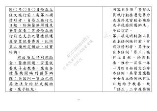 10
國○年○月○日修正之
條文施行前，有第二項
情形者，自修正施行之
日起，給與醫療照護及
安置就養；其於修正施
行前已支出之醫療照護
及安置就養費用，比照
第二項所定辦法，核實
給與。
前四項之特別慰助
金、醫療照護、安置就
養及子女教養，應由各
隸 屬 機 關 編 列 預 算 辦
理；另因同一事由已依
其 他 法 令 給 付 或 補 助
者，應予抵充。
內容並參照「警察人
員執行勤務遭受暴力
或意外危害致全殘廢
或半殘廢照護辦法」
予以訂定。
三、第三項定明特勤人員
在本條例施行前，有
前項情形者，其子女
自本條例「修正」施
行 之 日 起 ， 給 與 教
養，惟於一百零一年
一月四日始制定公布
本條例，其原意應指
子女自本條例施行之
日 起 給 予 教 養 ， 故
「修正」二字應係誤
行
政
院
行
政
院
第
3503次
院
會
會
議
5B5E73B9883882E3
 