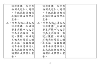 17
註冊商標，而使用
相同或近似之商標
，有致減損該商標
之識別性或信譽之
虞者。
二、明知為他人著名之
註冊商標，而以該
著名商標中之文字
作為自己公司、商
號、團體、網域或
其他表彰營業主體
之名稱，有致相關
消費者混淆誤認之
虞或減損該商標之
識別性或信譽之虞
者。
註冊商標，而使用
相同或近似之商標
，有致減損該商標
之識別性或信譽之
虞者。
二、明知為他人著名之
註冊商標，而以該
著名商標中之文字
作為自己公司、商
號、團體、網域或
其他表彰營業主體
之名稱，有致相關
消費者混淆誤認之
虞或減損該商標之
識別性或信譽之虞
者。
行
政
院
行
政
院
第
3503次
院
會
會
議
8834C1A88B683D68
 