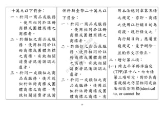 19
十萬元以下罰金：
一、於同一商品或服務
，使用相同於註冊
商標或團體商標之
商標者。
二、於類似之商品或服
務，使用相同於註
冊商標或團體商標
之商標，有致相關
消費者混淆誤認之
虞者。
三、於同一或類似之商
品或服務，使用近
似於註冊商標或團
體商標之商標，有
致相關消費者混淆
併科新臺幣二十萬元以
下罰金：
一、於同一商品或服務
，使用相同於註冊
商標或團體商標之
商標者。
二、於類似之商品或服
務，使用相同於註
冊商標或團體商標
之商標，有致相關
消費者混淆誤認之
虞者。
三、於同一或類似之商
品或服務，使用近
似於註冊商標或團
體商標之商標，有
用本法總則章第五條
之規定，亦即，商標
之使用以行銷目的為
前提。現行條文之「
為行銷目的」應屬重
複規定，爰予刪除，
並酌作文字修正。
二、增訂第二項：
(一) 跨太平洋夥伴協定
(TPP)第十八‧七七條
第三項明定，對於具商
業規模之仿冒相同或無
法相區別商標(identical
to, or cannot be
行
政
院
行
政
院
第
3503次
院
會
會
議
8834C1A88B683D68
 