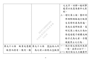 26
之文字，回歸一般刑事
處罰以故意為要件之原
則。
三、增訂第三項。鑒於利
用網際網路進行販賣
交易情形甚為普遍，
為免生適用疑義，爰
明定第二項之行為如
係透過電子媒體或網
路方式為之者，亦屬
規範禁止之行為。
第九十七條 販賣或意圖
販賣而持有、陳列、輸
第九十七條 明知他人所
為之前二條商品而販賣
ㄧ、現行條文前段列為第
一項，並修正如下：
(一) 現行條文之主觀要件
行
政
院
行
政
院
第
3503次
院
會
會
議
8834C1A88B683D68
 