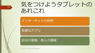 気をつけようタブレットの
あれこれ
インターネットの利用
有害なアプリ
自分の情報、他人の情報
タブレットでなにができるの？
32
 