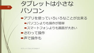 タブレットは小さな
パソコン
アプリを使っていろいろなことが出来る
パソコンよりも操作が簡単
スマートフォンよりも画面が大きい
さわって操作
声で操作も
タブレットでなにができるの？
38
 